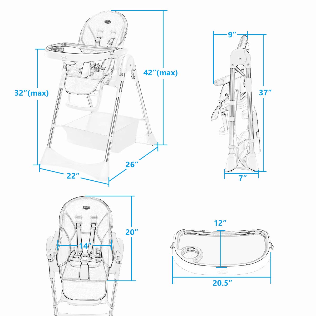 INFANS Foldable High Chair with Large Storage Basket - Adjustable Heights, Recline & Footrest, Removable PU Cushion, Detachable Double Trays, 5-Point Safety Harness for Baby, Infants & Toddlers