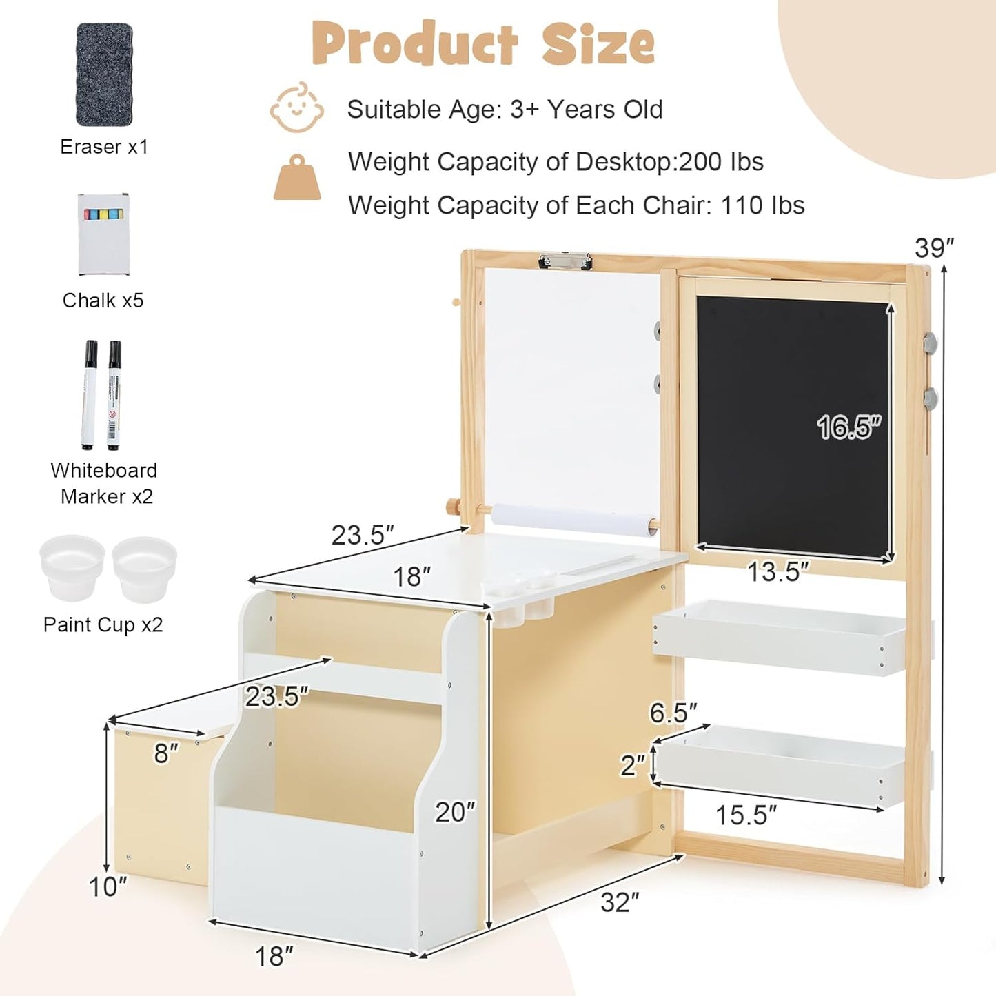 INFANS 3 in 1 Kids Art Table and Chair Set, Toddler Craft and Play Wood Activity Desk with Double-Sided Easel Blackboard Whiteboard, Paper Roll for Writing, Children Furniture for Daycare Nursery