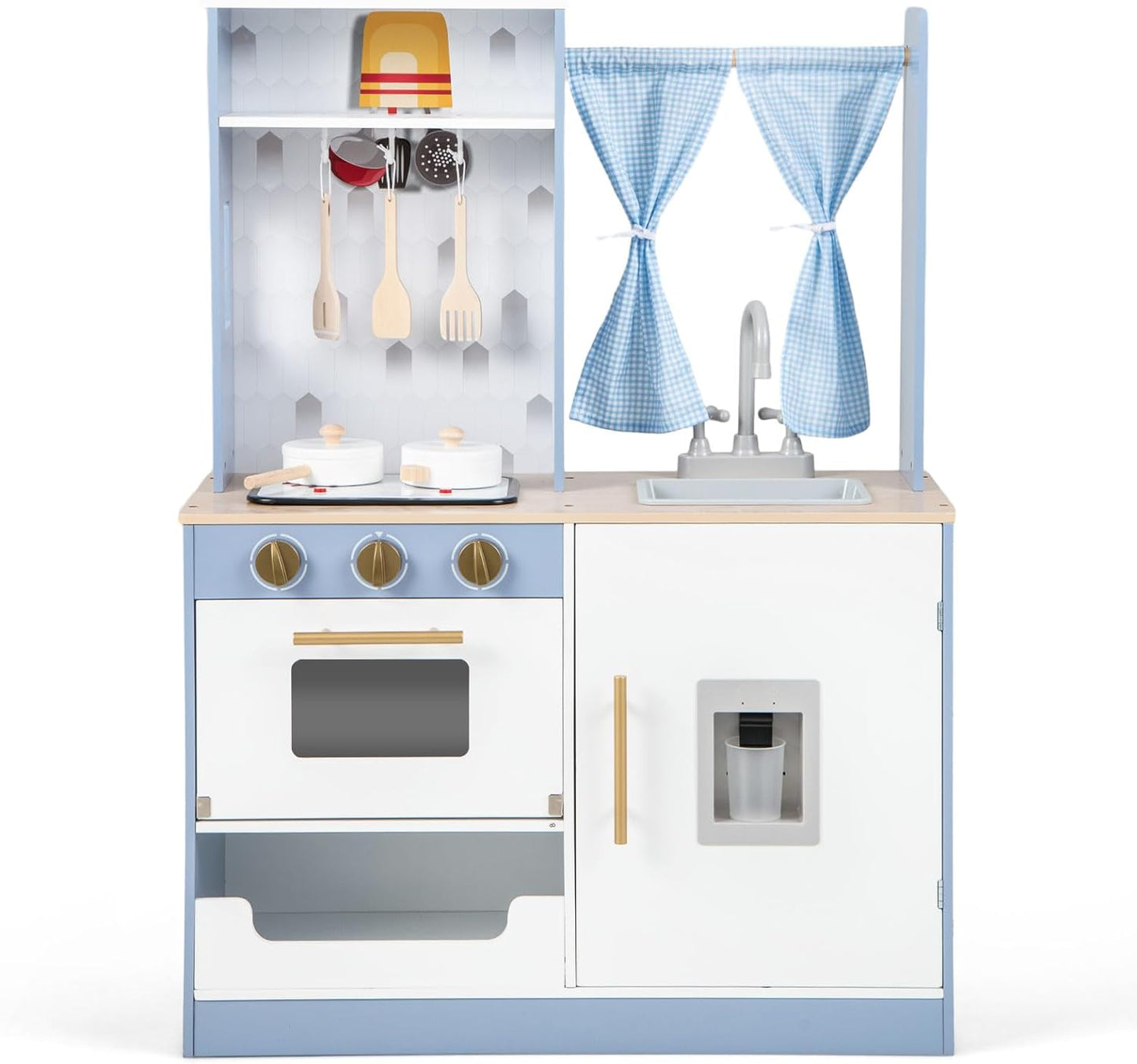 INFANS Kid Kitchen Playset, Toddler Wooden Pretend Cooking Set with Realistic Light & Sound, Stove, Sink, Microwave, Storage Cabinet, Play Kitchen Toy Set for Children Boys Girls