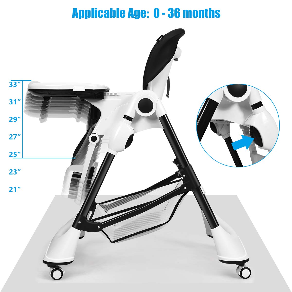 INFANS High Chair with One-Hand Removable Tray, 4 Lockable Wheels & Large Storage Basket - Multi-Adjustable Height, Recline & Footrest, Removable Cushion, Foldable for Baby, Infant& Toddler
