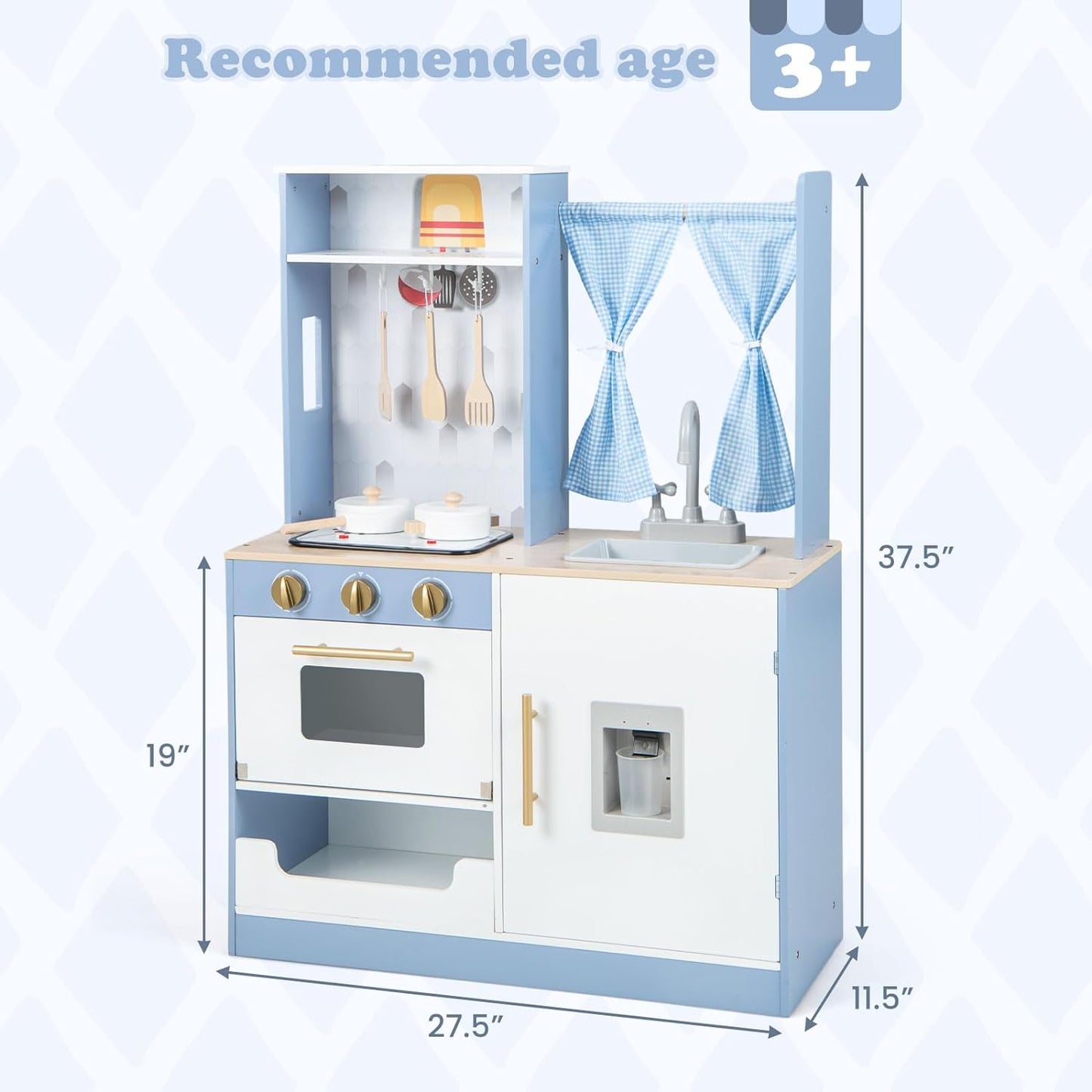 INFANS Kid Kitchen Playset, Toddler Wooden Pretend Cooking Set with Realistic Light & Sound, Stove, Sink, Microwave, Storage Cabinet, Play Kitchen Toy Set for Children Boys Girls