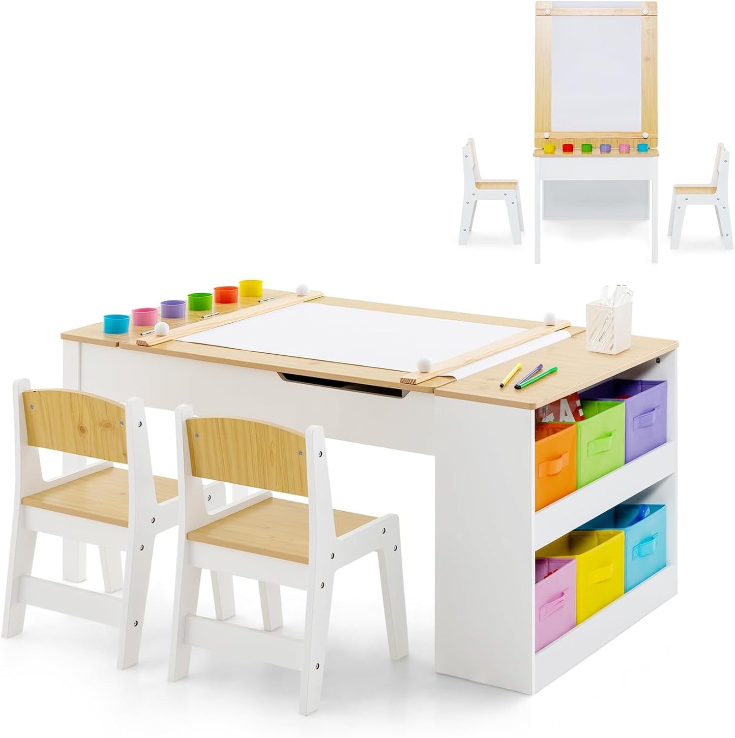 INFANS 2 in 1 Kids Art Table and Chair Set, Toddler Craft Play Wood Activity Desk with 2 Chairs Paper Roll Storage Canvas Bins for Drawing Writing, Children Furniture for Nursery