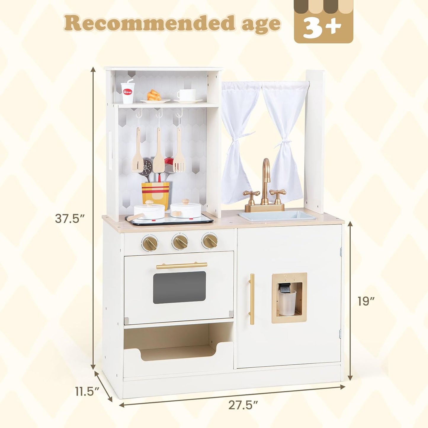 INFANS Kid Kitchen Playset, Toddler Wooden Pretend Cooking Set with Realistic Light & Sound, Stove, Sink, Microwave, Storage Cabinet, Play Kitchen Toy Set for Children Boys Girls