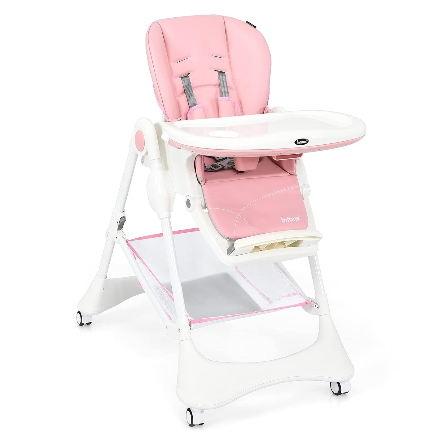 INFANS High Chair with One-Hand Removable Tray, 4 Lockable Wheels & Large Storage Basket - Multi-Adjustable Height, Recline & Footrest, Removable Cushion, Foldable for Baby, Infant& Toddler