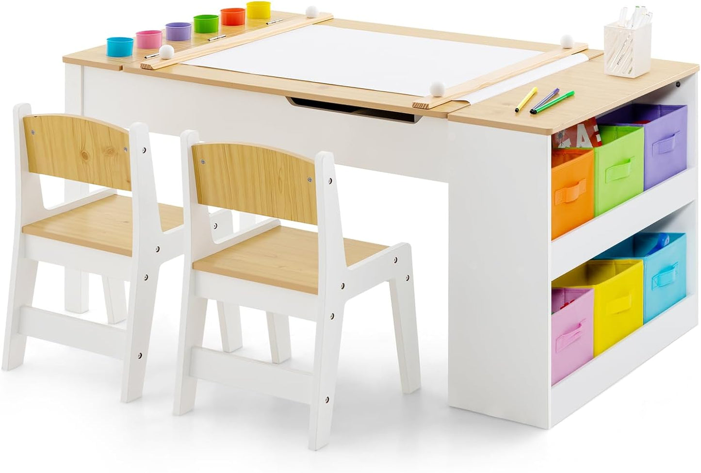 INFANS 2 in 1 Kids Art Table and Chair Set, Toddler Craft Play Wood Activity Desk with 2 Chairs Paper Roll Storage Canvas Bins for Drawing Writing, Children Furniture for Nursery