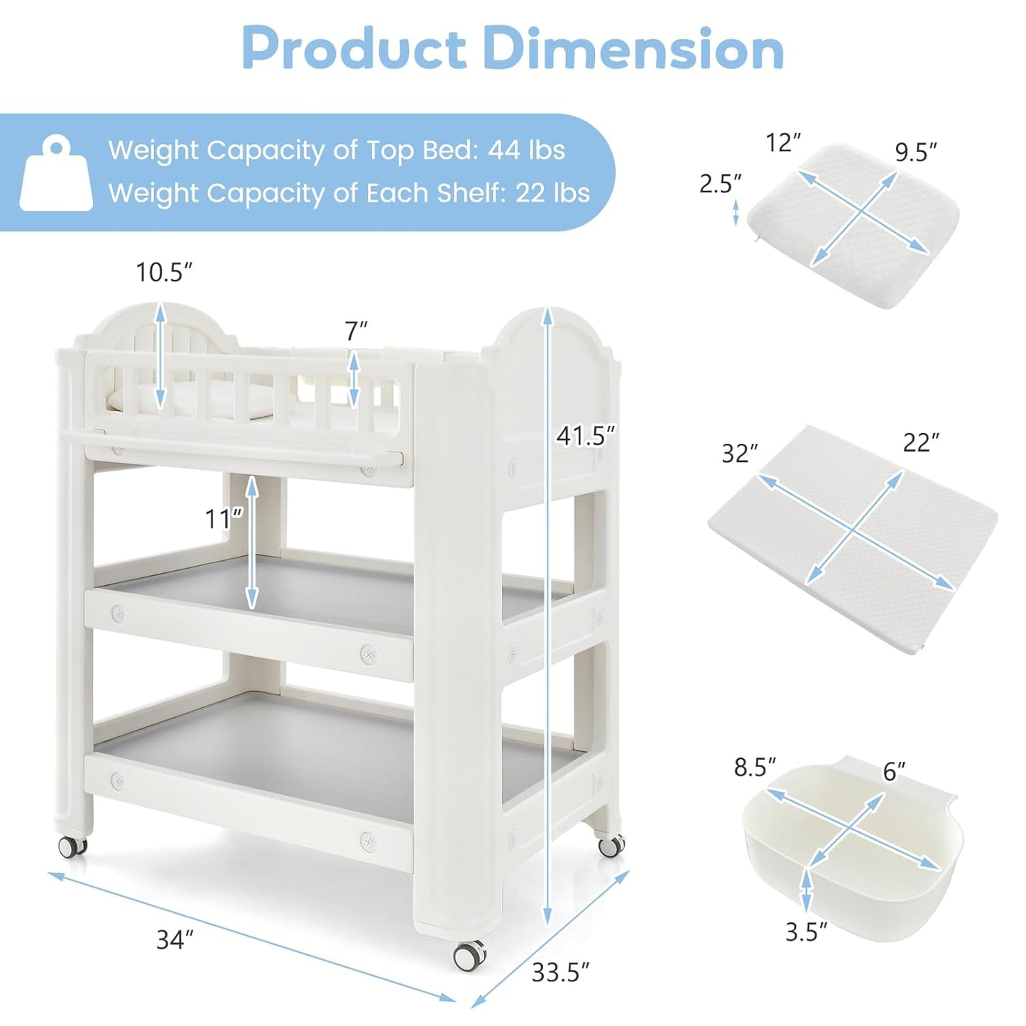 INFANS Baby Changing Table, Diaper Dresser Station with Latex Pad and Pillow, 3 Hanging Boxes, 2 Storage Racks, Lockable Wheels, Mobile Nursery Organizer for Newborn Infant (with Boxes)