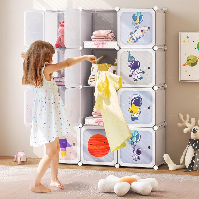 INFANS Children Wardrobe, Kid Closet Portable Baby Dresser Cute for Kids Bedroom Nursery Armoire with Doors 12 Cube 2 Hanging Sections, Kid Clothes Storage Organizer
