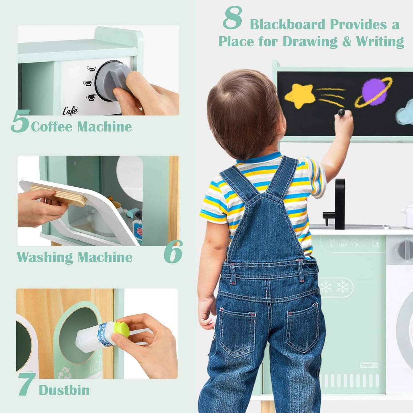 INFANS Kids Kitchen Playset, Toddler Wooden Pretend Cooking Set with Stove Microwave Dustbin Storage Cabinet, Play Kitchen Toy Set with Toy Food Cookware Accessories for Children Boys Girls