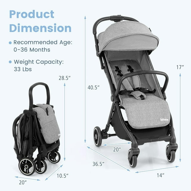INFANS Lightweight Baby Stroller, One-Hand Gravity Fold, Compact Travel Stroller for Airplane with Aluminium Frame, Adjustable Backrest and Canopy, Foldable Infant Toddler Stroller for 0-36 Month