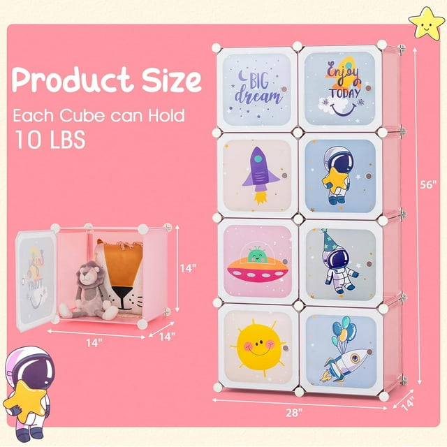 INFANS Children Wardrobe, Kid Closet Portable Baby Dresser Cute for Kids Bedroom Nursery Armoire with Doors 12 Cube 2 Hanging Sections, Kid Clothes Storage Organizer