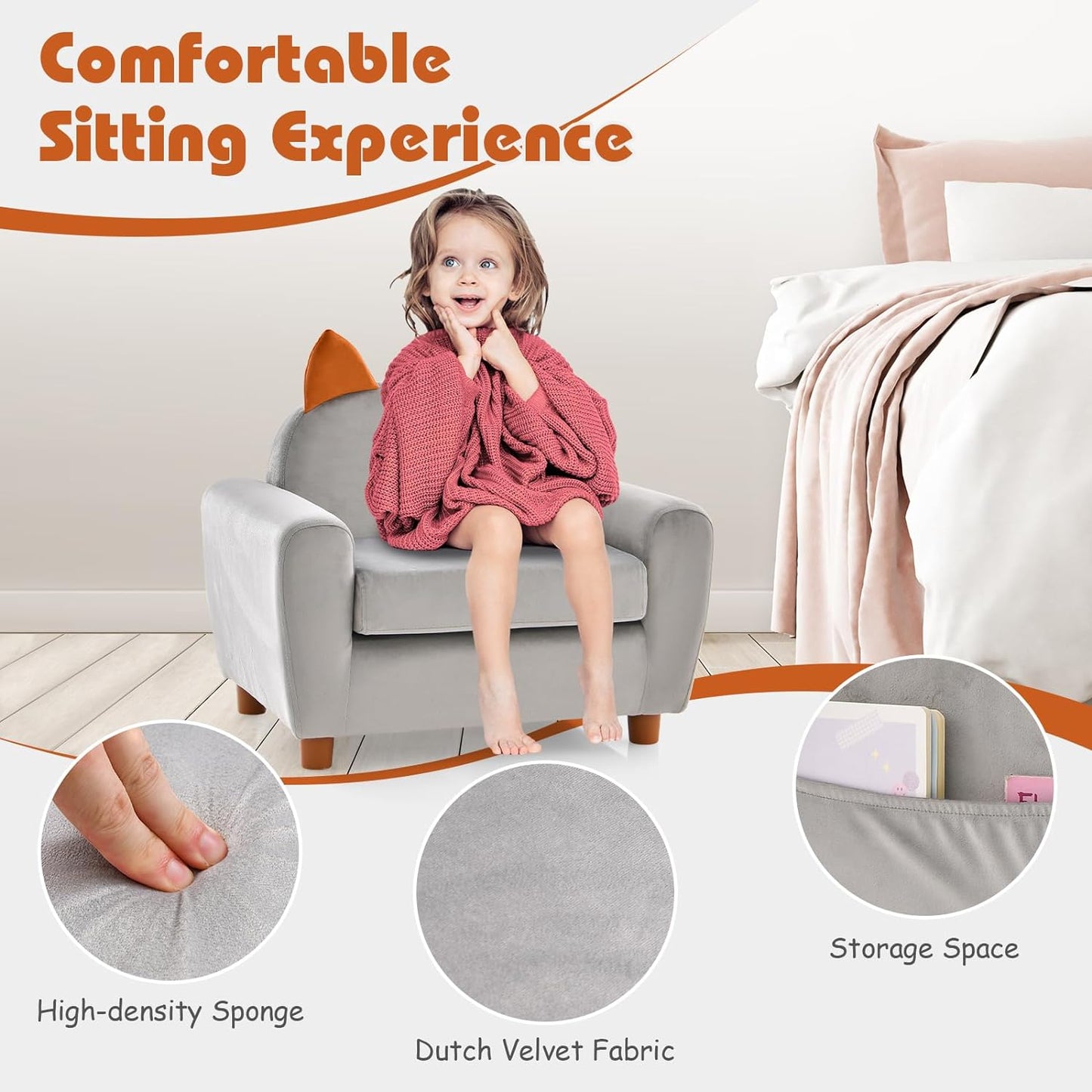 INFANS Kids Sofa with Footstool, 2 Seat Toddler Upholstered Couch, Children Armrest Chair Lounge for Nursery Kindergarten Kids Room Boys Girls, Sturdy Wood Construction Velvet Surface