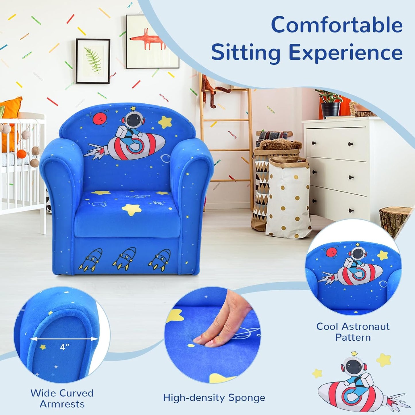 INFANS Kids Sofa, Toddler Armchair Chair with Sturdy Wood Construction Cartoon Pattern, Upholstered Children Armrest Couch for Nursery Kindergarten Playroom Preschool, Gift for Boys Girls