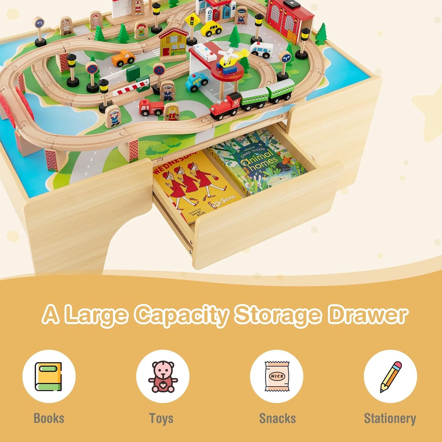 INFANS Train Table, 84 Pieces Wooden Kids Activity Toy Table Playset with Storage Drawer Reversible Detachable Tabletop, Tracks, Train, Railway, City, Gift for Toddler Boys Girls Ages 3+