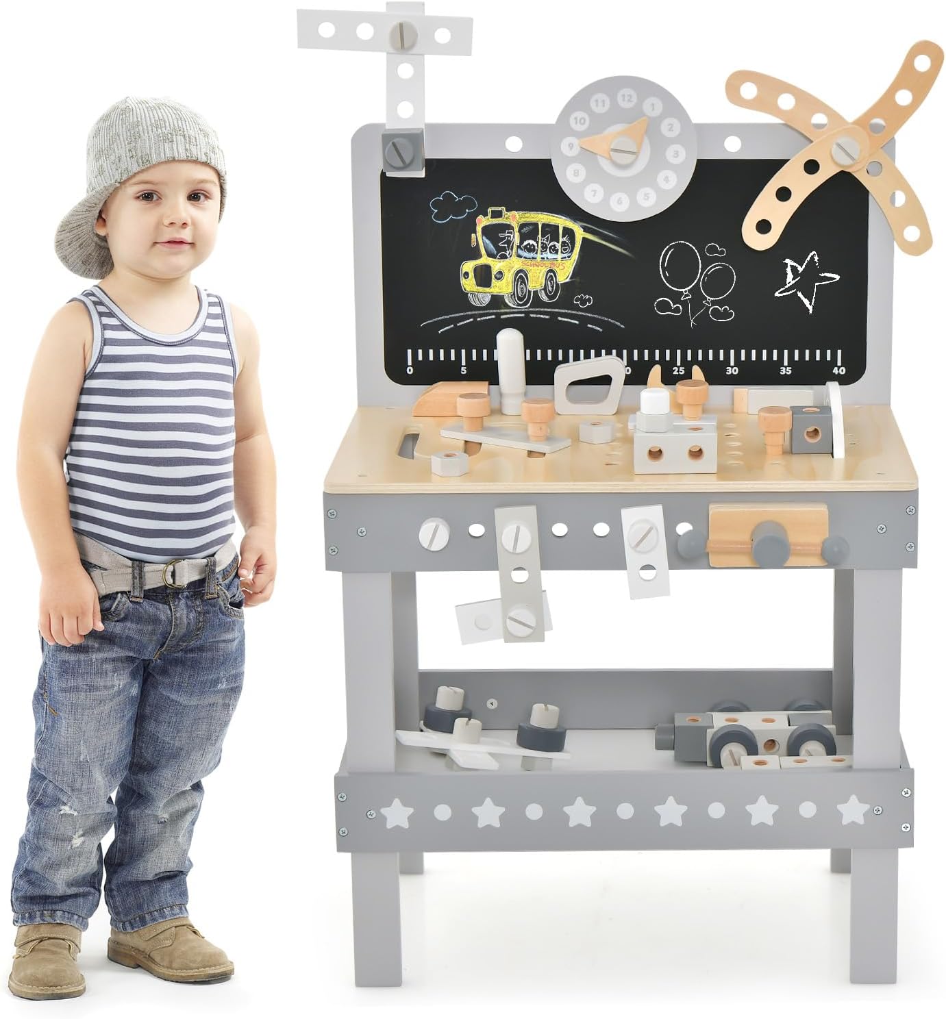 INFANS Tool Bench Set for Toddlers, Kids Wooden Workbench with Blackboard Construction Building Tools and 62 Accessories, Creative Realistic Pretend Play Workshop Gift for Boys Girls