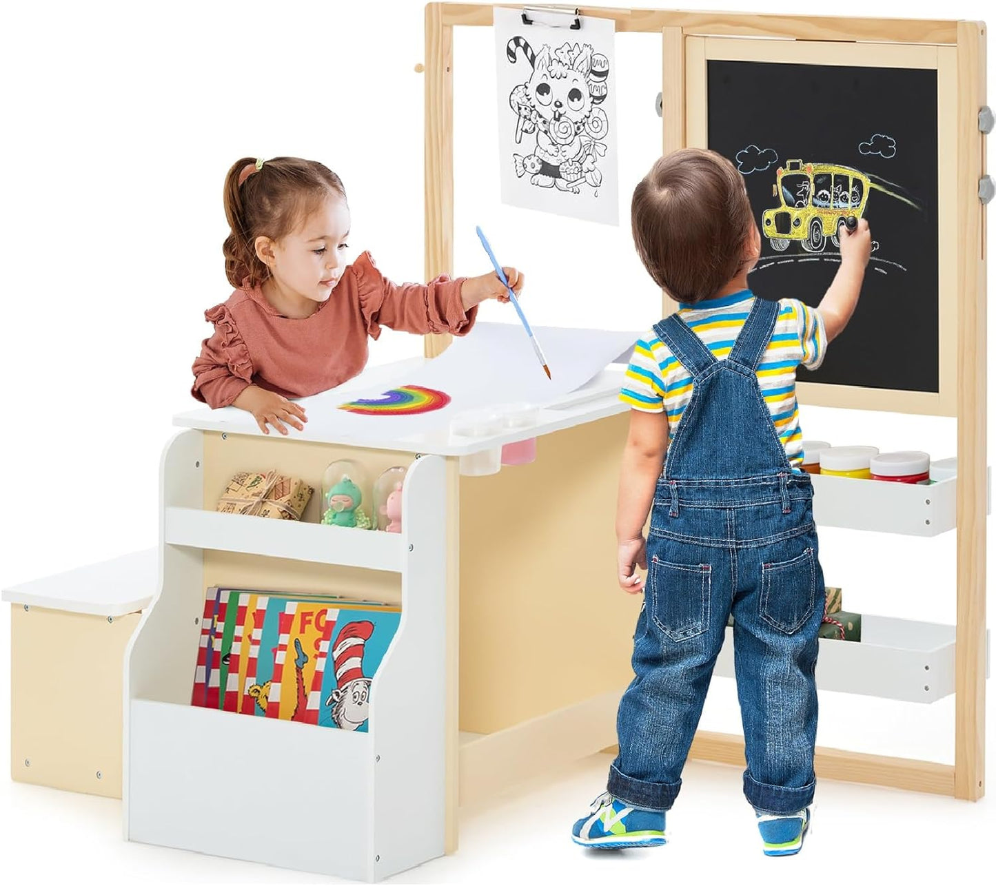 INFANS 3 in 1 Kids Art Table and Chair Set, Toddler Craft and Play Wood Activity Desk with Double-Sided Easel Blackboard Whiteboard, Paper Roll for Writing, Children Furniture for Daycare Nursery