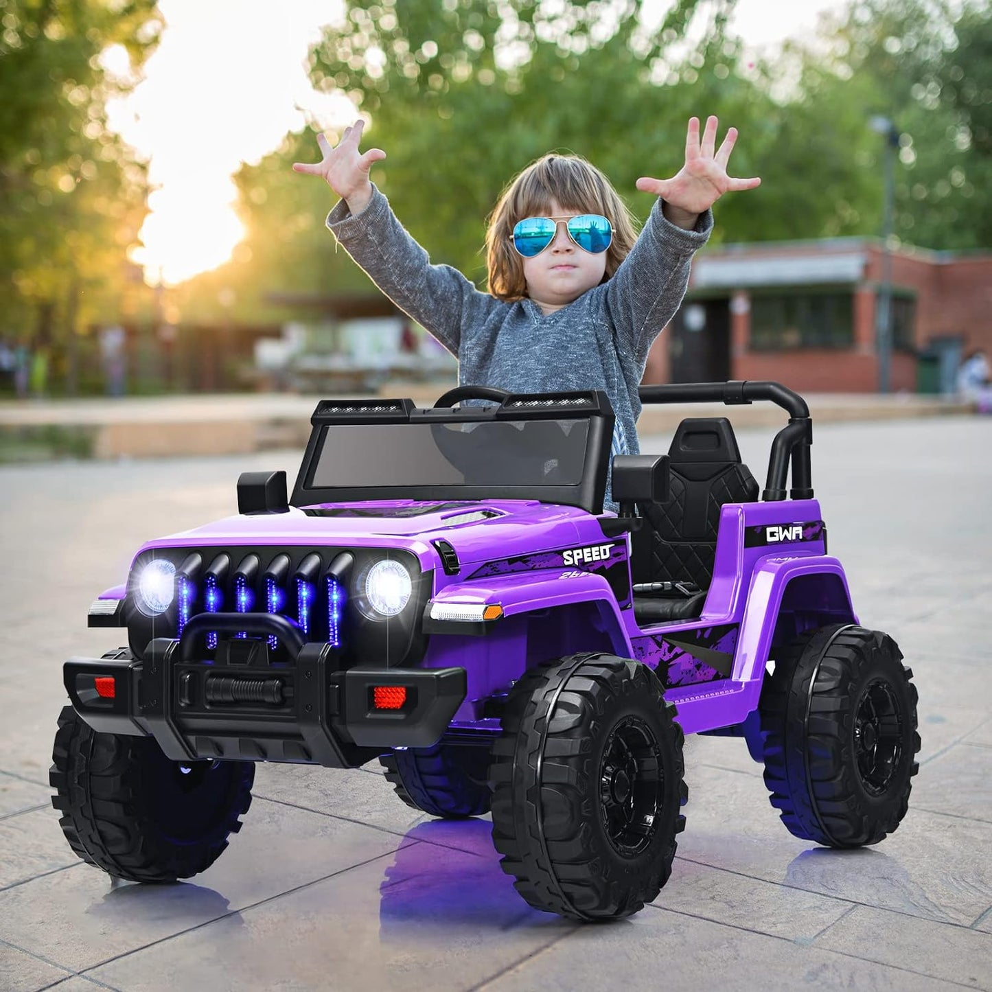 OLAKIDS Kids Ride on Truck, 12V Electric Vehicle with Remote Control, Battery Powered Toddler Car with Music, Horn, 3 Speeds, LED Lights, Bluetooth, USB, Radio