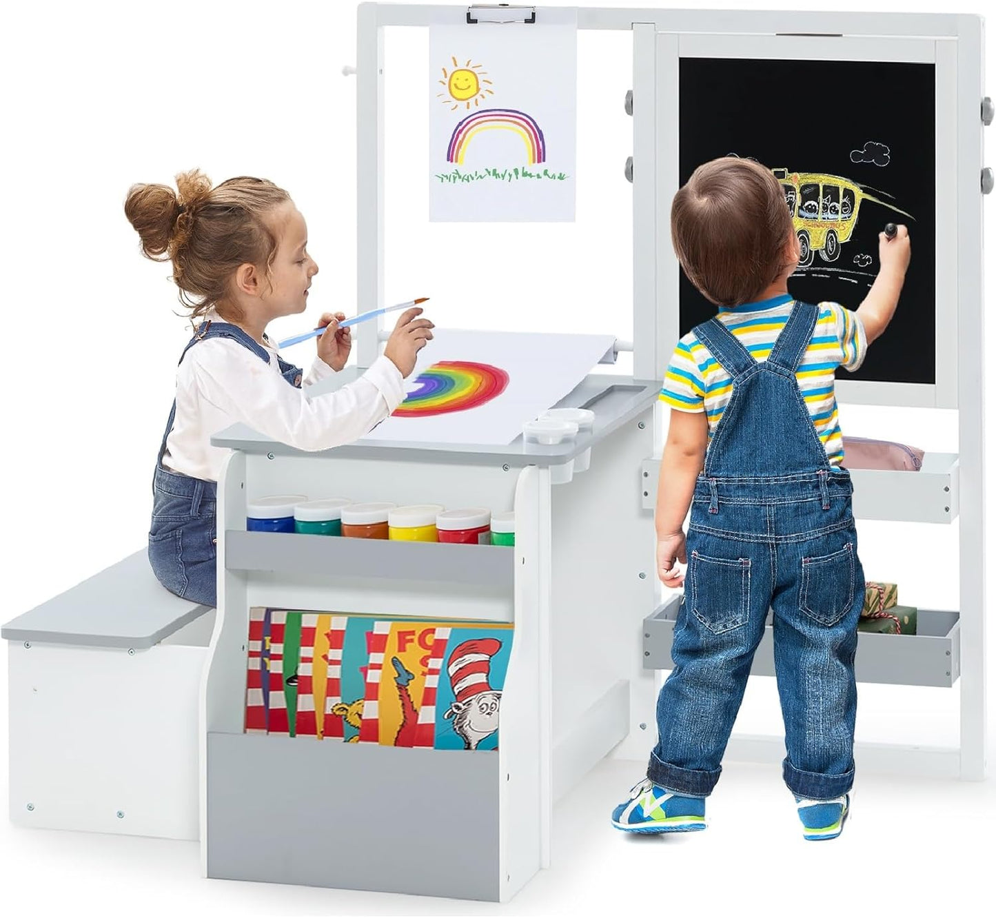 INFANS 3 in 1 Kids Art Table and Chair Set, Toddler Craft and Play Wood Activity Desk with Double-Sided Easel Blackboard Whiteboard, Paper Roll for Writing, Children Furniture for Daycare Nursery