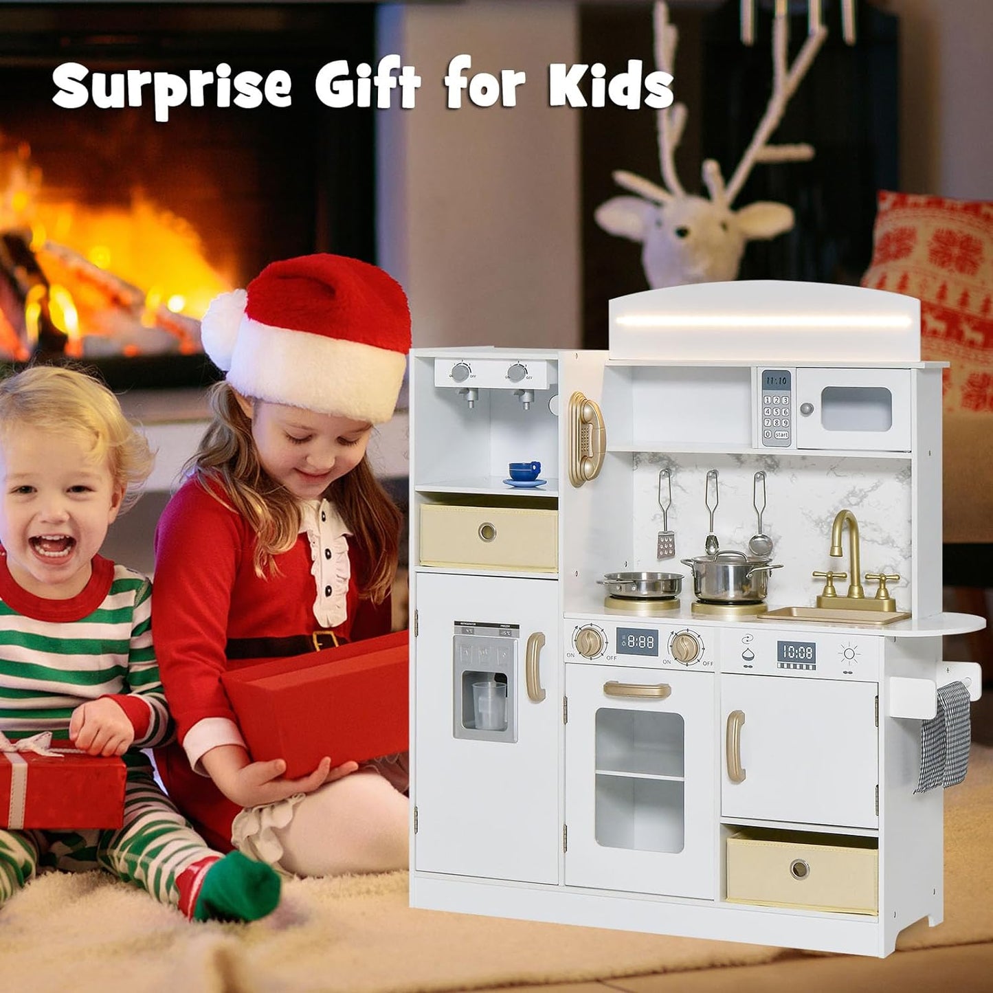 INFANS Kids Kitchen Playset with Lights, Toddler Wooden Pretend Cooking Set with Coffee Maker Ice Maker Stove Sink Microwave 2 Storage Bins, Simulation Play Kitchen Toy for Children Boys Girls