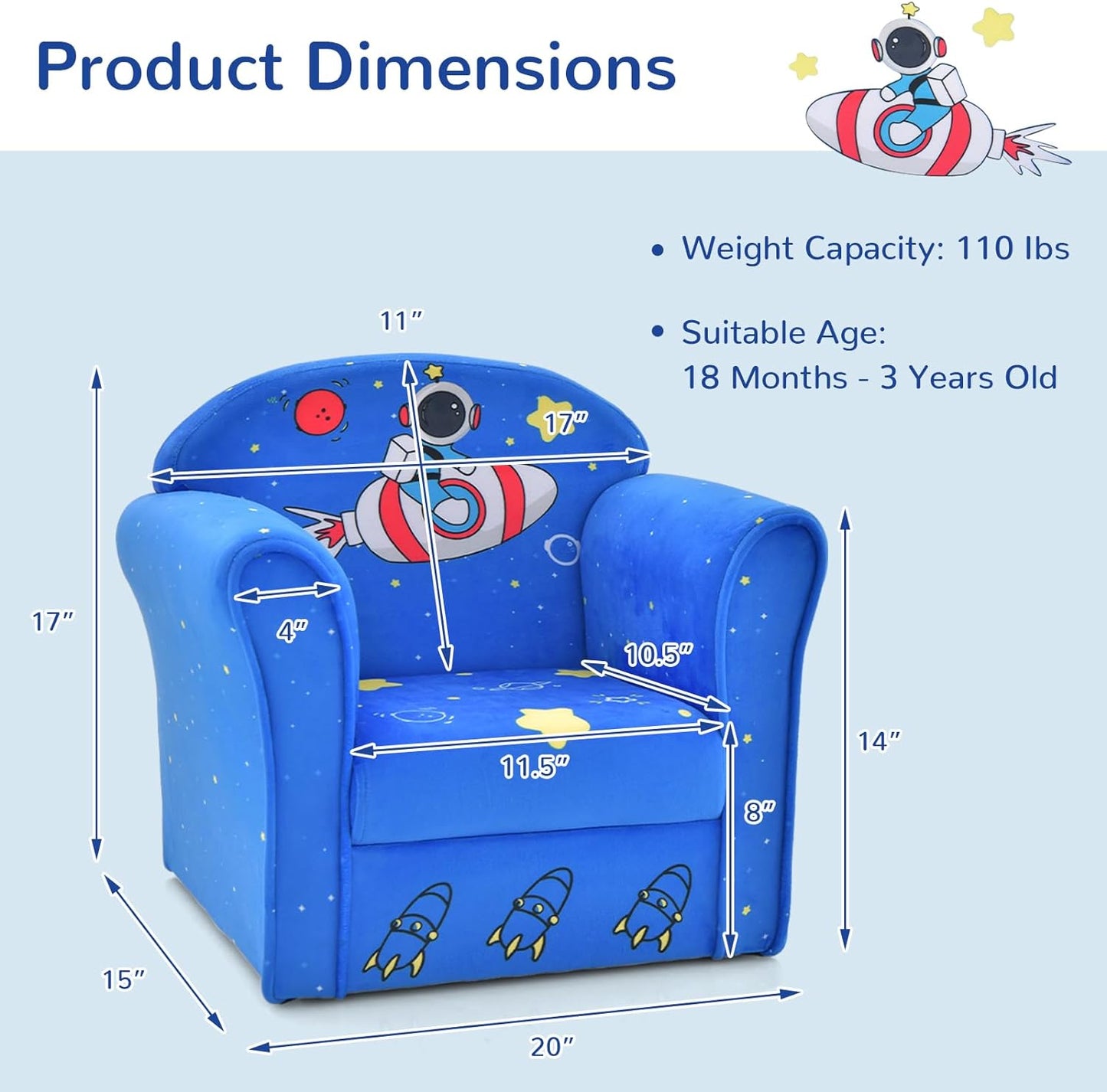 INFANS Kids Sofa, Toddler Armchair Chair with Sturdy Wood Construction Cartoon Pattern, Upholstered Children Armrest Couch for Nursery Kindergarten Playroom Preschool, Gift for Boys Girls