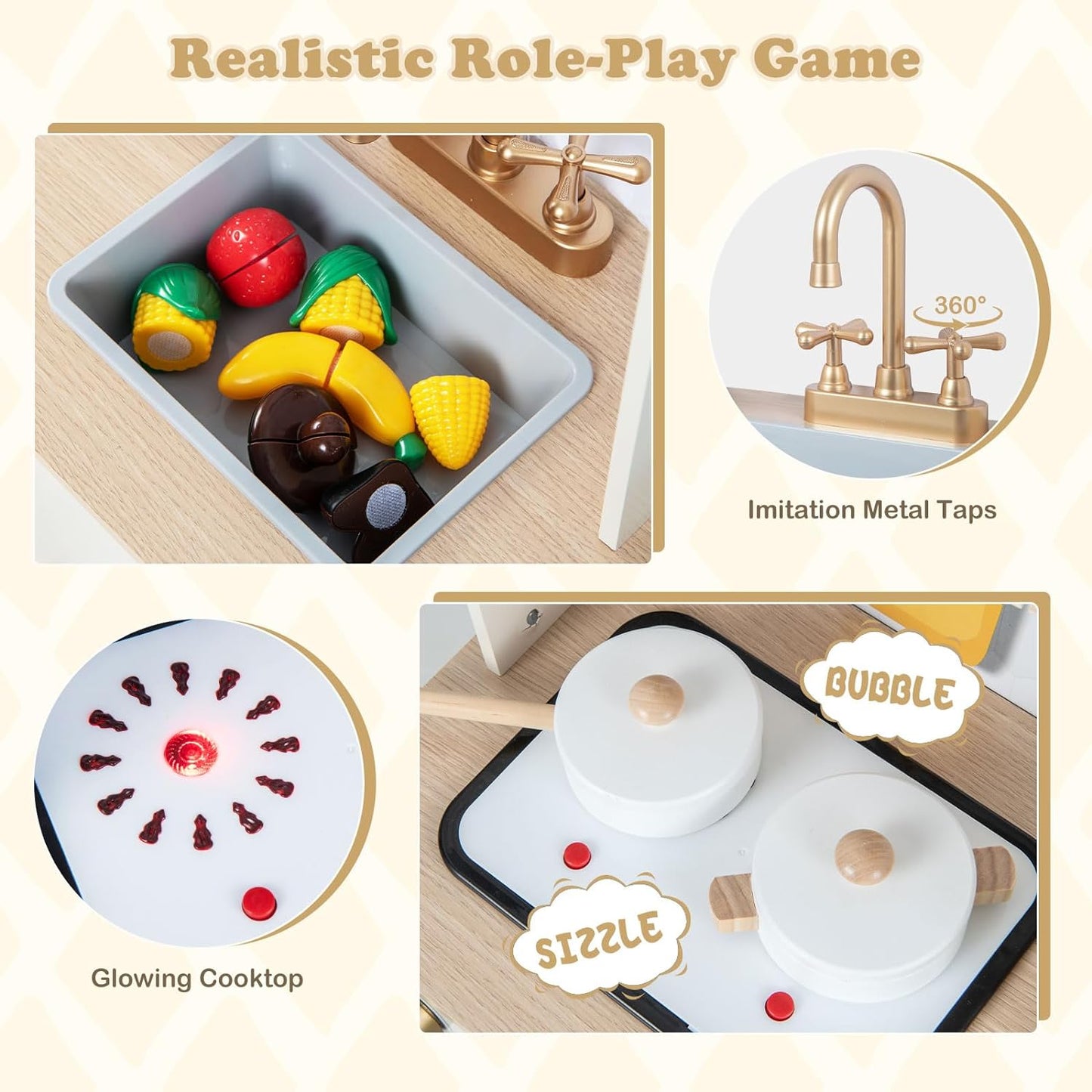 INFANS Kid Kitchen Playset, Toddler Wooden Pretend Cooking Set with Realistic Light & Sound, Stove, Sink, Microwave, Storage Cabinet, Play Kitchen Toy Set for Children Boys Girls