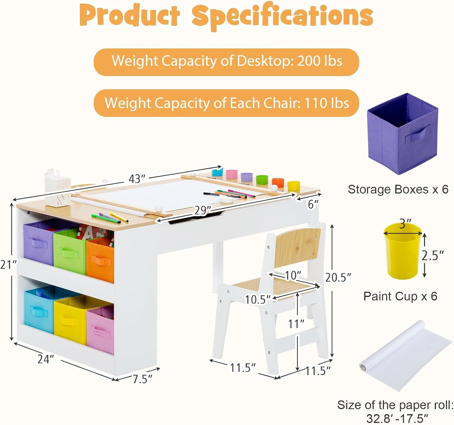 INFANS 2 in 1 Kids Art Table and Chair Set, Toddler Craft Play Wood Activity Desk with 2 Chairs Paper Roll Storage Canvas Bins for Drawing Writing, Children Furniture for Nursery