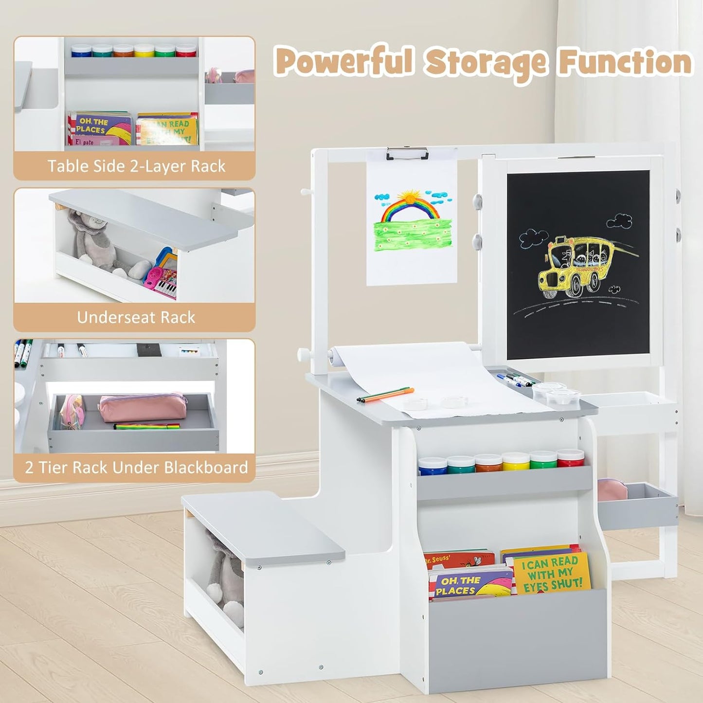 INFANS 3 in 1 Kids Art Table and Chair Set, Toddler Craft and Play Wood Activity Desk with Double-Sided Easel Blackboard Whiteboard, Paper Roll for Writing, Children Furniture for Daycare Nursery