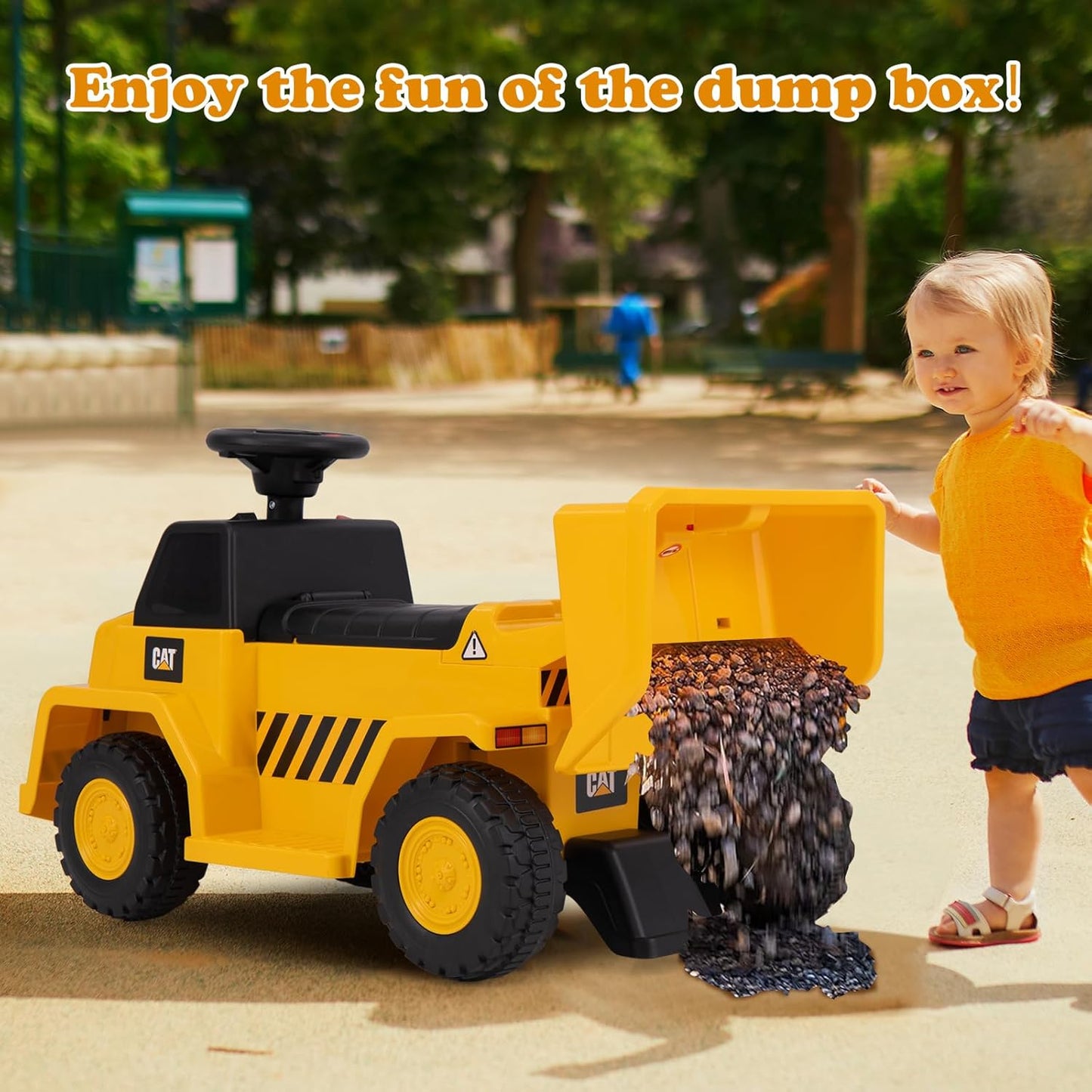 Licensed Cat Ride on Car by OLAKIDS, 6V Dump Truck Battery Powered Construction Electric Vehicle with Horn, Headlight, Bucket, Ride on Toys Gift for Kids Toddler Age 1.5-3