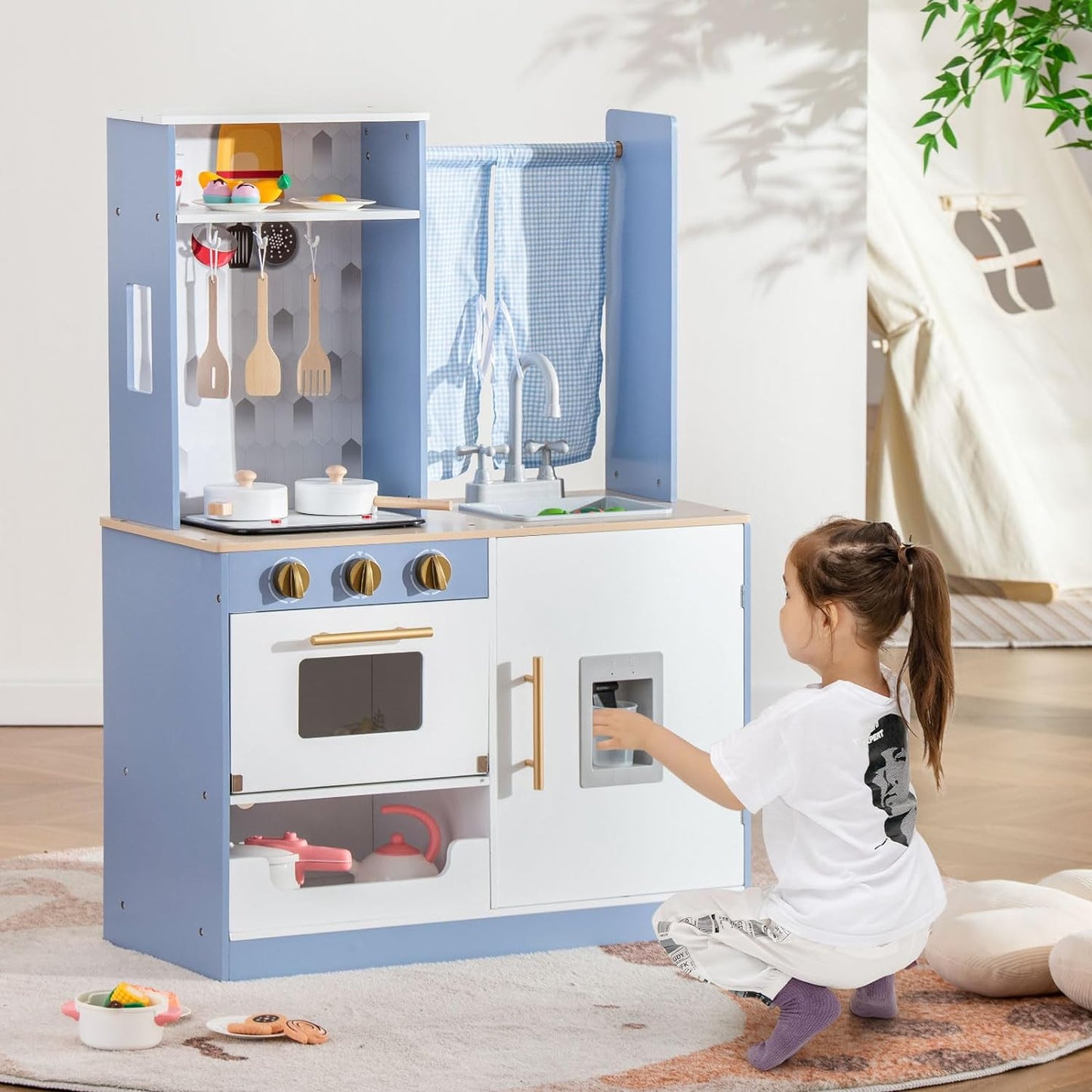 INFANS Kid Kitchen Playset, Toddler Wooden Pretend Cooking Set with Realistic Light & Sound, Stove, Sink, Microwave, Storage Cabinet, Play Kitchen Toy Set for Children Boys Girls