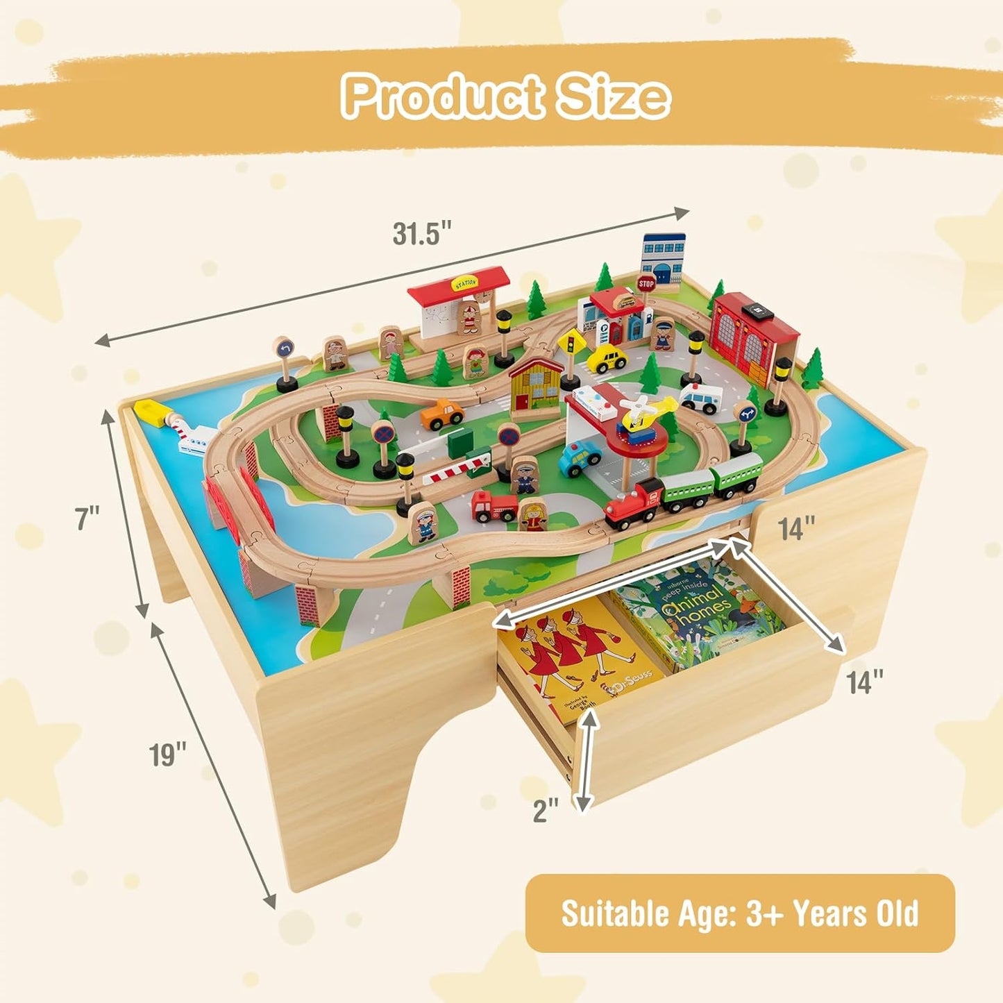 INFANS Train Table, 84 Pieces Wooden Kids Activity Toy Table Playset with Storage Drawer Reversible Detachable Tabletop, Tracks, Train, Railway, City, Gift for Toddler Boys Girls Ages 3+