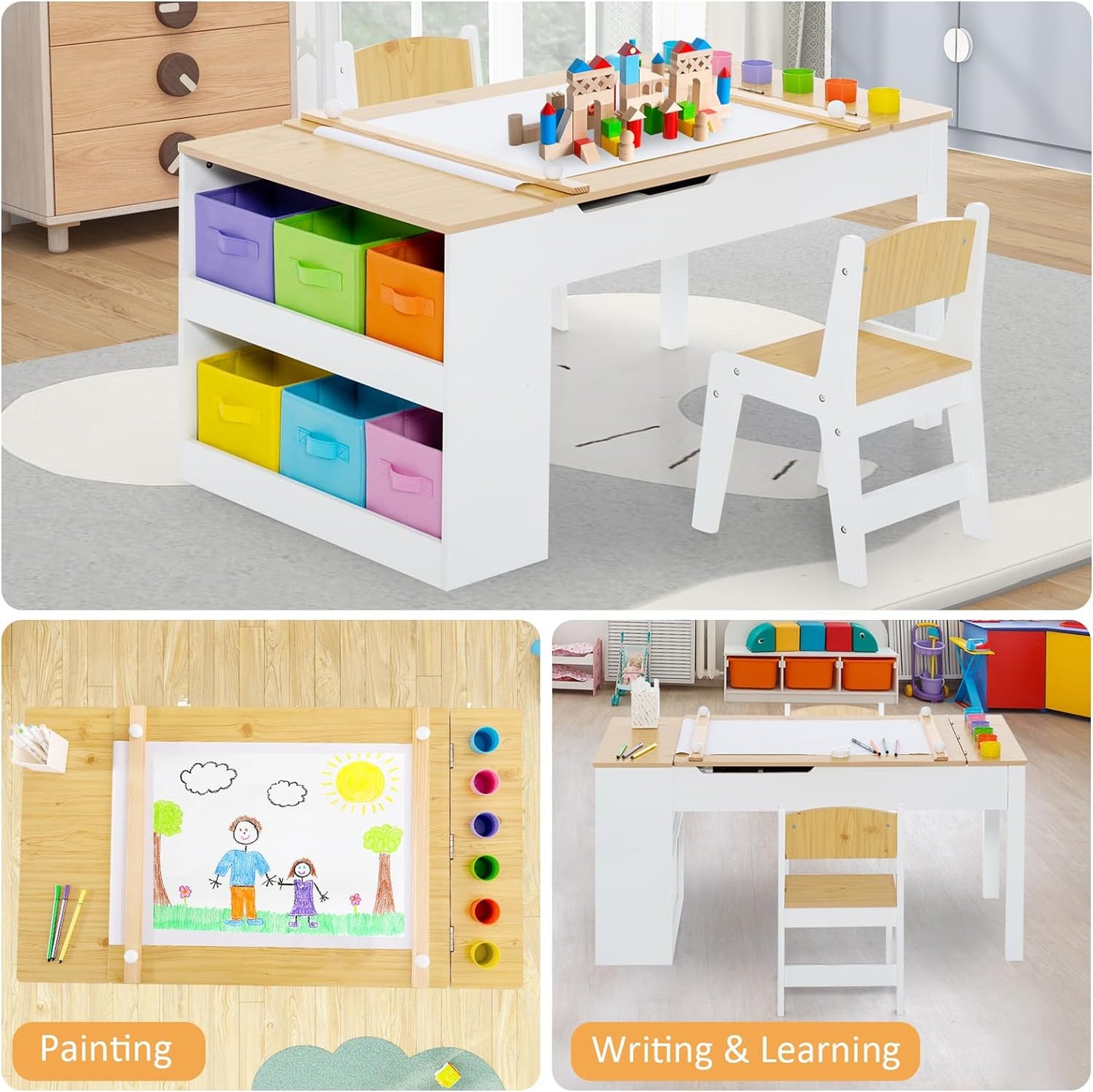 INFANS 2 in 1 Kids Art Table and Chair Set, Toddler Craft Play Wood Activity Desk with 2 Chairs Paper Roll Storage Canvas Bins for Drawing Writing, Children Furniture for Nursery