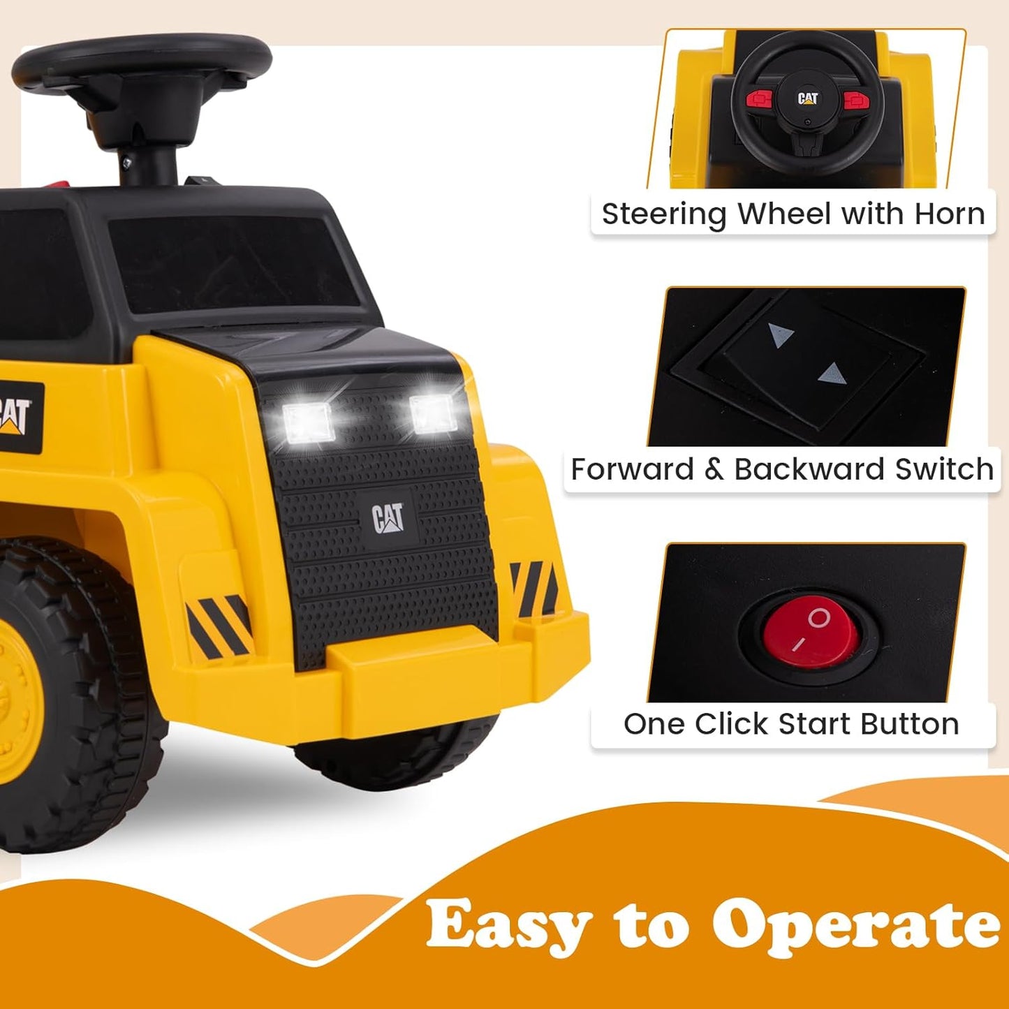 Licensed Cat Ride on Car by OLAKIDS, 6V Dump Truck Battery Powered Construction Electric Vehicle with Horn, Headlight, Bucket, Ride on Toys Gift for Kids Toddler Age 1.5-3