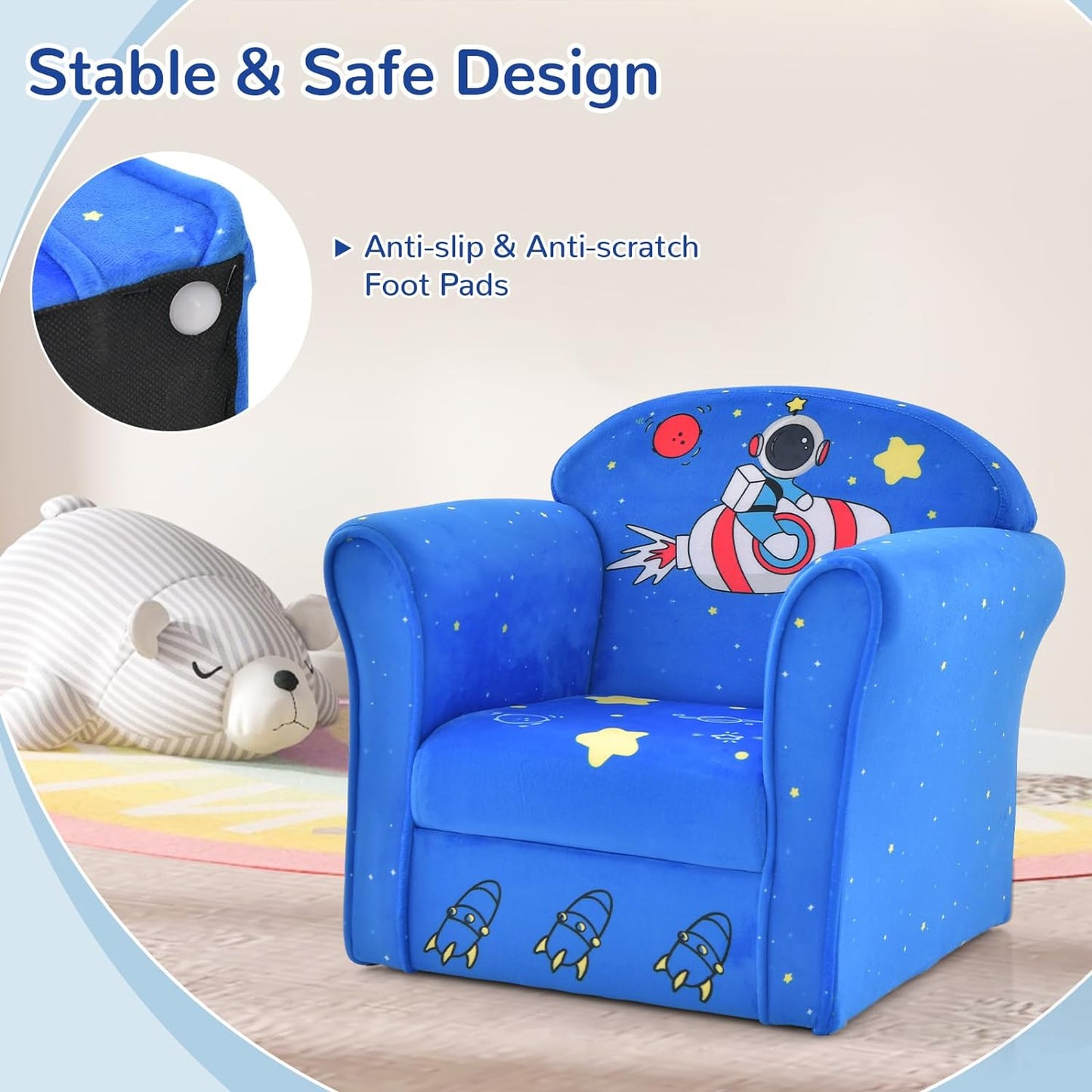 INFANS Kids Sofa, Toddler Armchair Chair with Sturdy Wood Construction Cartoon Pattern, Upholstered Children Armrest Couch for Nursery Kindergarten Playroom Preschool, Gift for Boys Girls