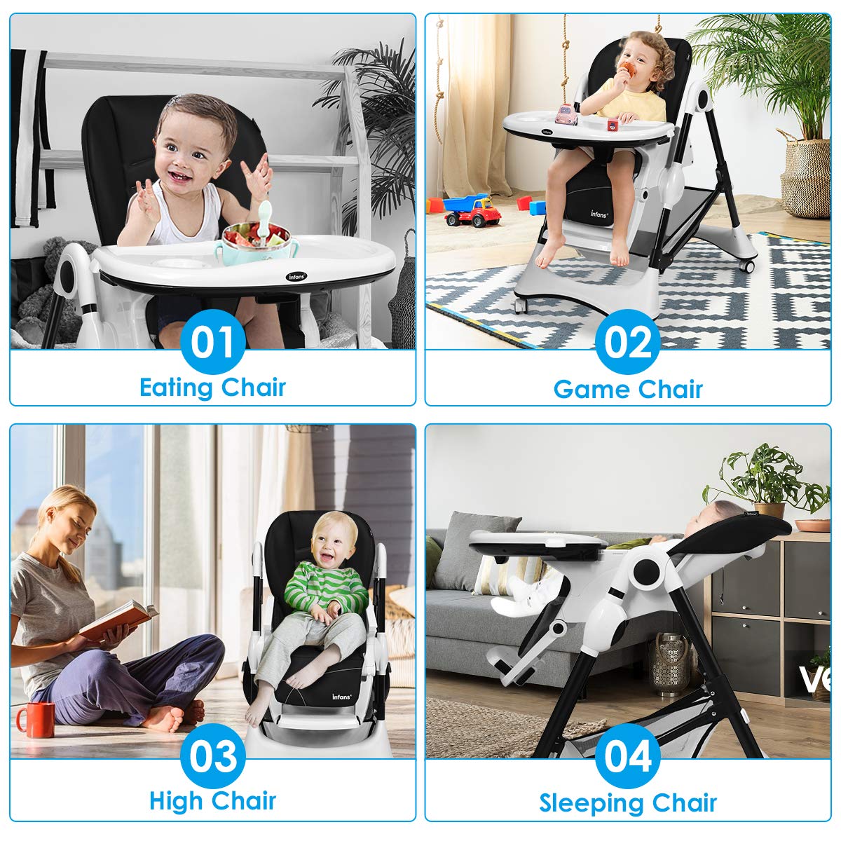 INFANS High Chair with One-Hand Removable Tray, 4 Lockable Wheels & Large Storage Basket - Multi-Adjustable Height, Recline & Footrest, Removable Cushion, Foldable for Baby, Infant& Toddler