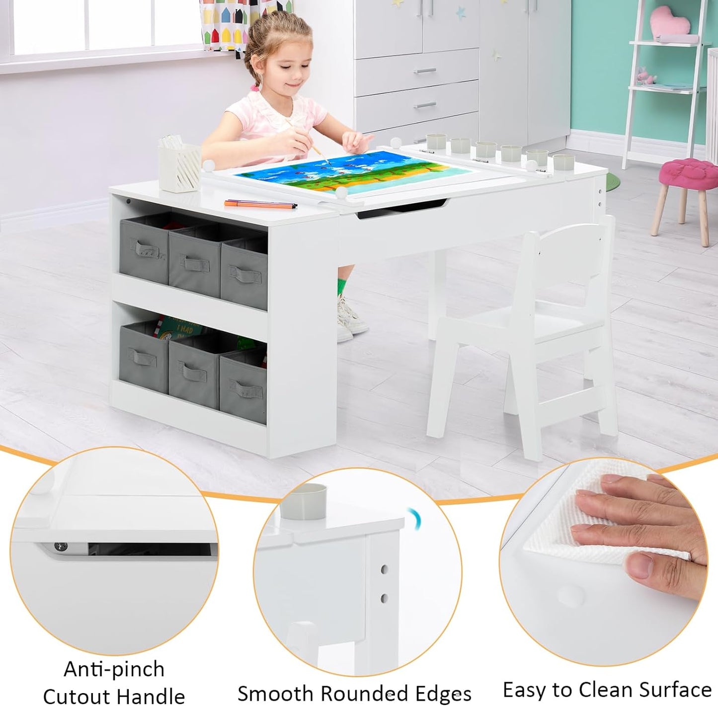 INFANS 2 in 1 Kids Art Table and Chair Set, Toddler Craft Play Wood Activity Desk with 2 Chairs Paper Roll Storage Canvas Bins for Drawing Writing, Children Furniture for Nursery