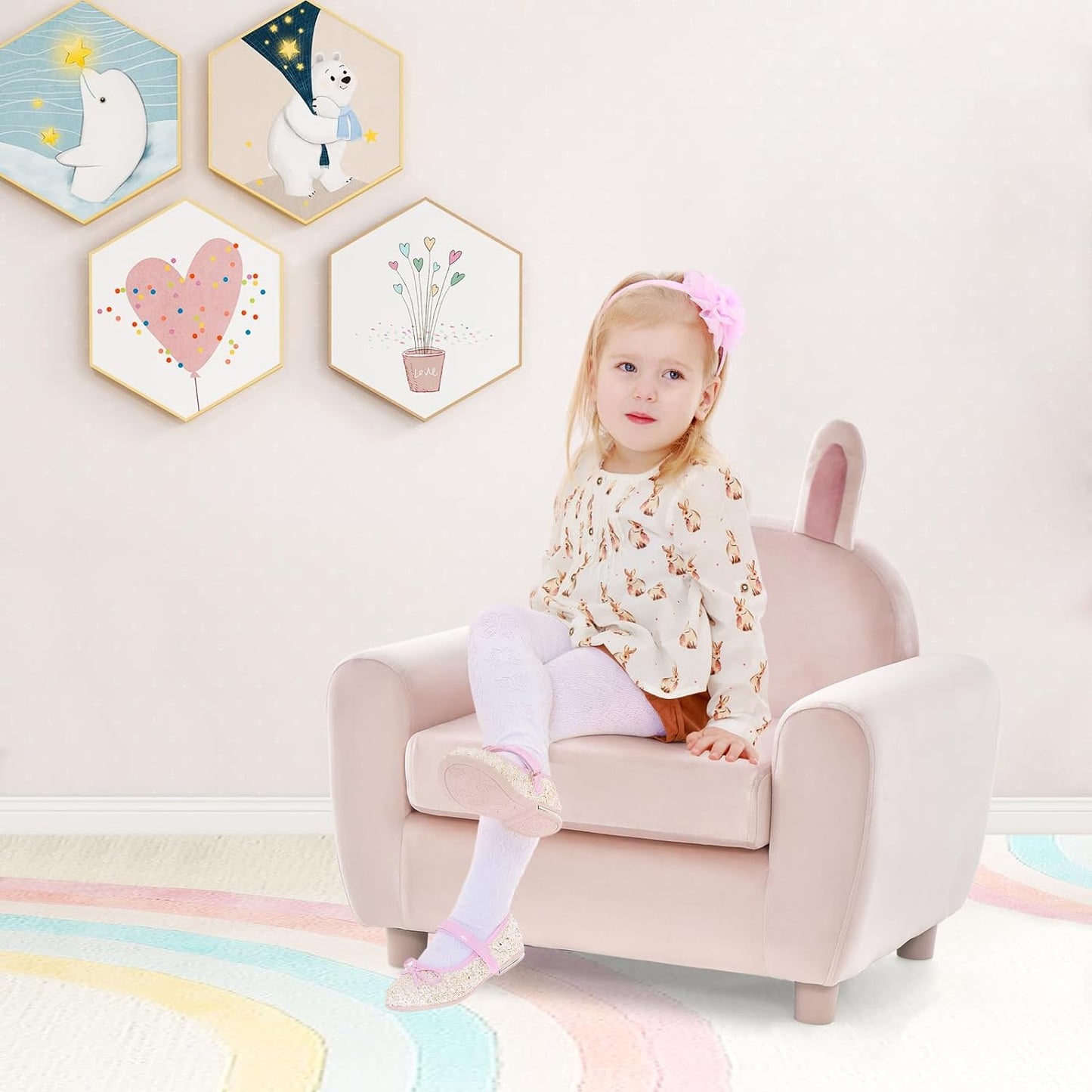 INFANS Kids Sofa with Footstool, 2 Seat Toddler Upholstered Couch, Children Armrest Chair Lounge for Nursery Kindergarten Kids Room Boys Girls, Sturdy Wood Construction Velvet Surface