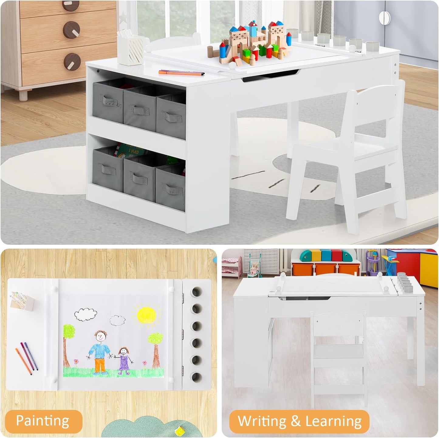 INFANS 2 in 1 Kids Art Table and Chair Set, Toddler Craft Play Wood Activity Desk with 2 Chairs Paper Roll Storage Canvas Bins for Drawing Writing, Children Furniture for Nursery