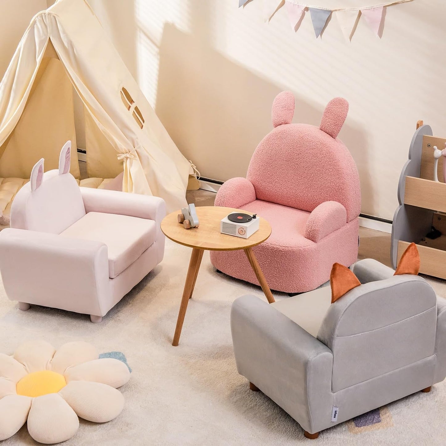 INFANS Kids Sofa with Footstool, 2 Seat Toddler Upholstered Couch, Children Armrest Chair Lounge for Nursery Kindergarten Kids Room Boys Girls, Sturdy Wood Construction Velvet Surface