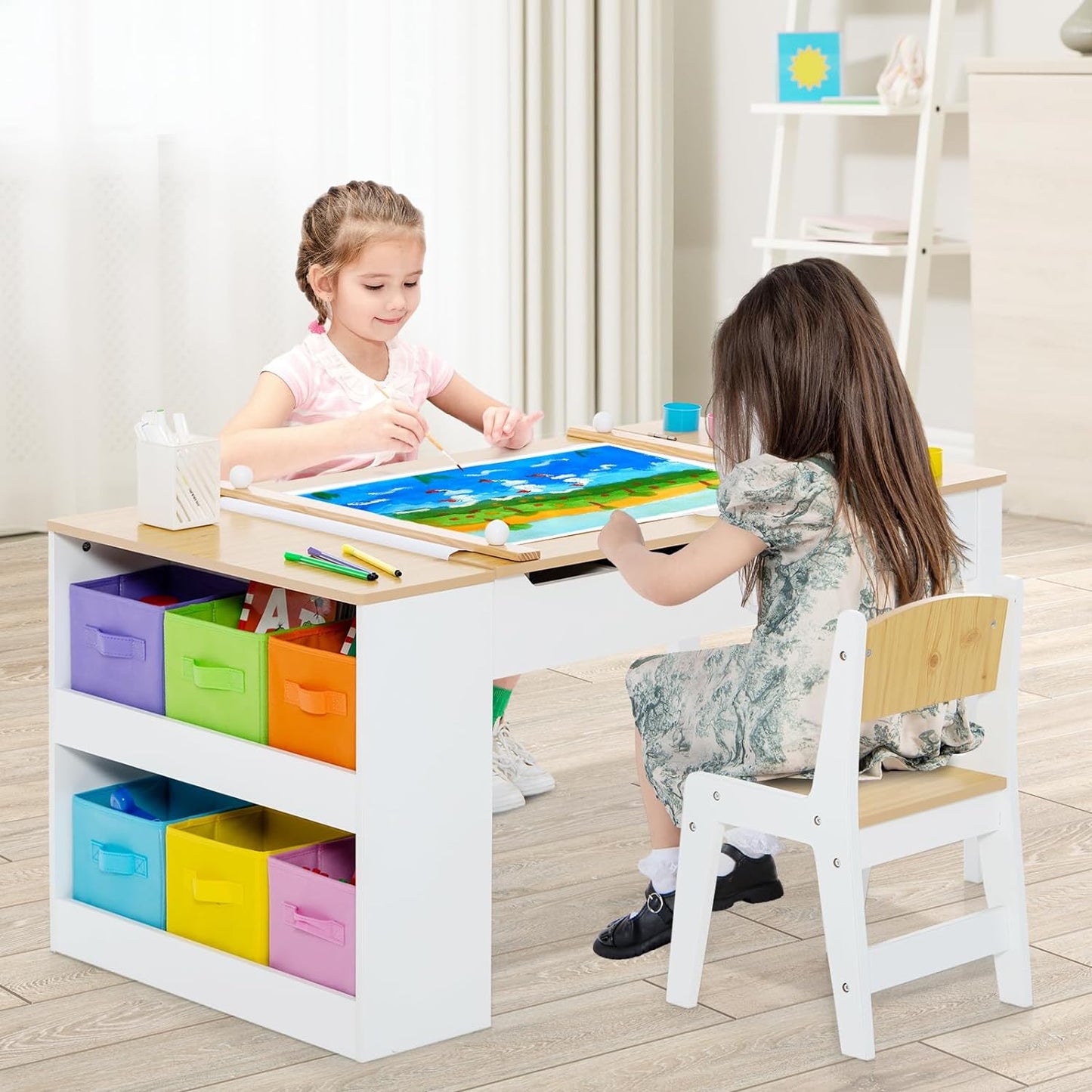 INFANS 2 in 1 Kids Art Table and Chair Set, Toddler Craft Play Wood Activity Desk with 2 Chairs Paper Roll Storage Canvas Bins for Drawing Writing, Children Furniture for Nursery