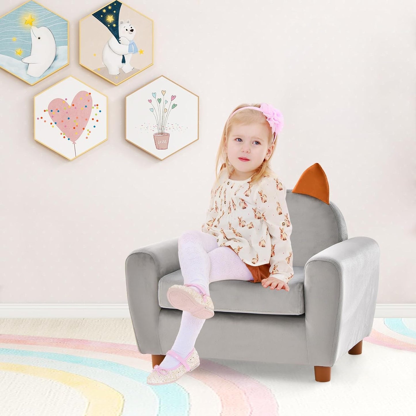 INFANS Kids Sofa with Footstool, 2 Seat Toddler Upholstered Couch, Children Armrest Chair Lounge for Nursery Kindergarten Kids Room Boys Girls, Sturdy Wood Construction Velvet Surface