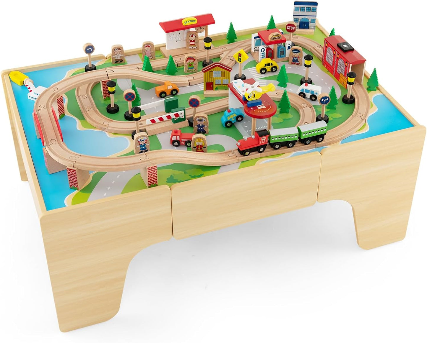 INFANS Train Table, 84 Pieces Wooden Kids Activity Toy Table Playset with Storage Drawer Reversible Detachable Tabletop, Tracks, Train, Railway, City, Gift for Toddler Boys Girls Ages 3+