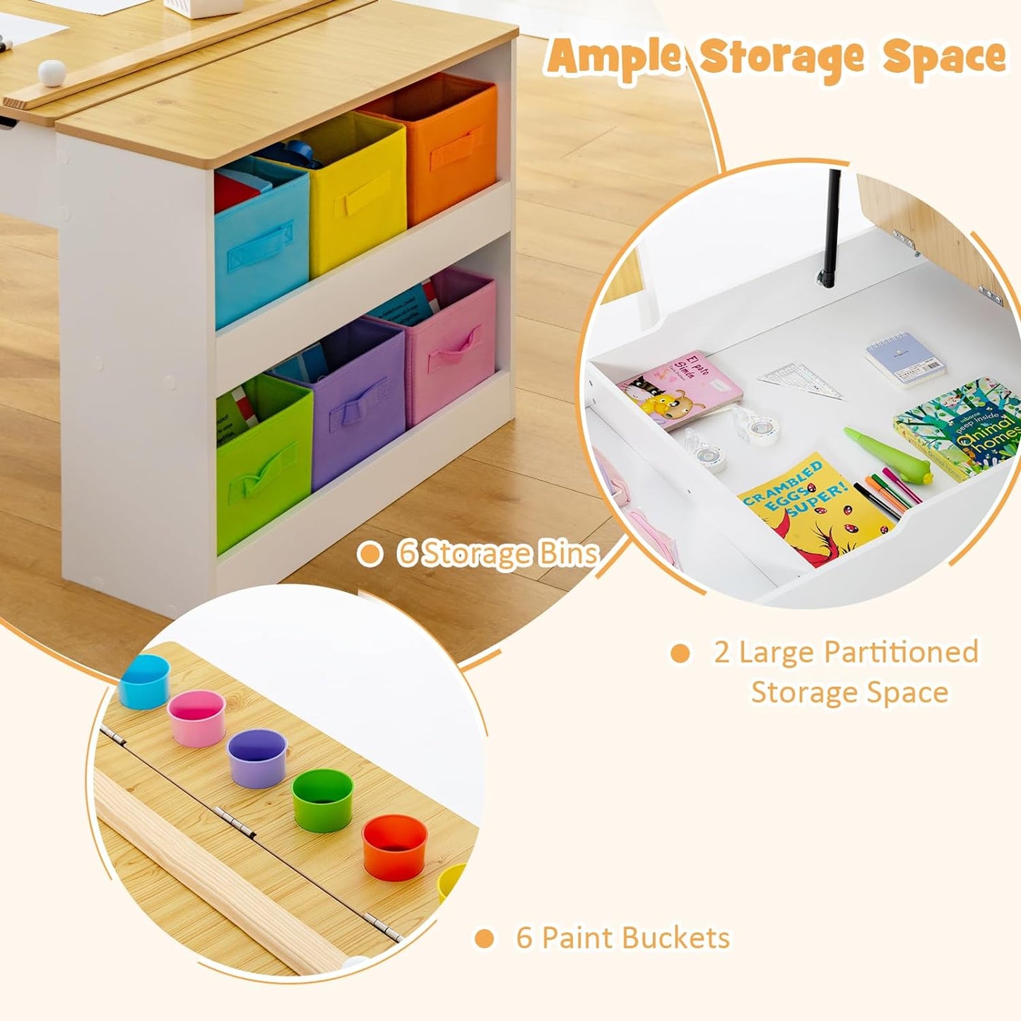 INFANS 2 in 1 Kids Art Table and Chair Set, Toddler Craft Play Wood Activity Desk with 2 Chairs Paper Roll Storage Canvas Bins for Drawing Writing, Children Furniture for Nursery