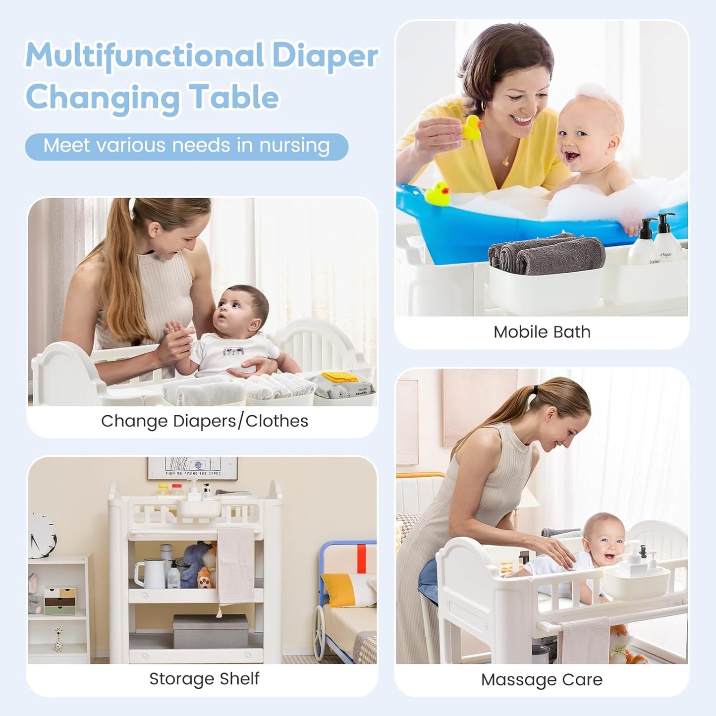 INFANS Baby Changing Table, Diaper Dresser Station with Latex Pad and Pillow, 3 Hanging Boxes, 2 Storage Racks, Lockable Wheels, Mobile Nursery Organizer for Newborn Infant (with Boxes)