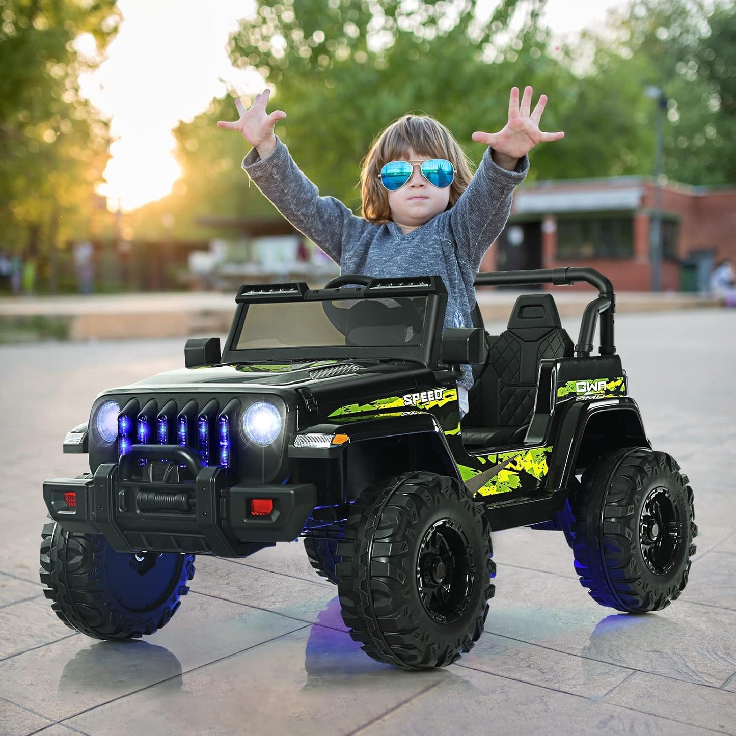 OLAKIDS Kids Ride on Truck, 12V Electric Vehicle with Remote Control, Battery Powered Toddler Car with Music, Horn, 3 Speeds, LED Lights, Bluetooth, USB, Radio