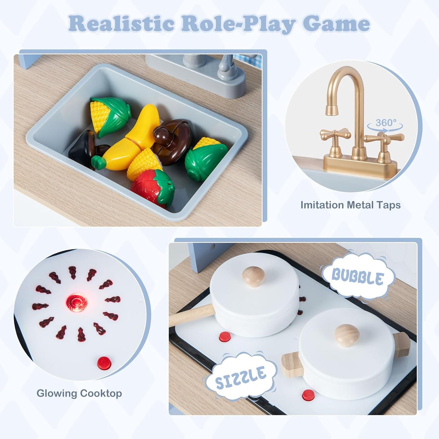 INFANS Kid Kitchen Playset, Toddler Wooden Pretend Cooking Set with Realistic Light & Sound, Stove, Sink, Microwave, Storage Cabinet, Play Kitchen Toy Set for Children Boys Girls