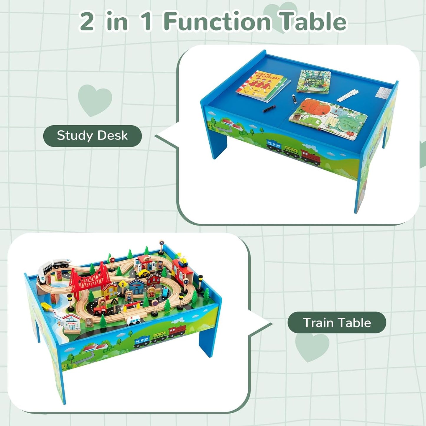 INFANS Train Table, 84 Pieces Wooden Kids Activity Toy Table Playset with Storage Drawer Reversible Detachable Tabletop, Tracks, Train, Railway, City, Gift for Toddler Boys Girls Ages 3+