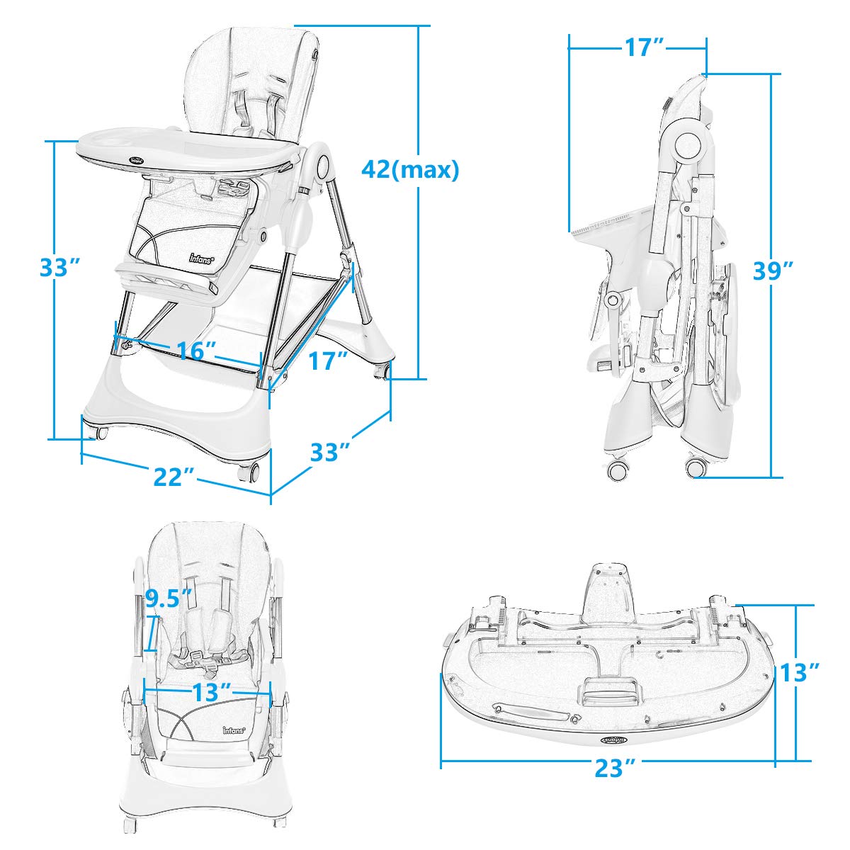 INFANS High Chair with One-Hand Removable Tray, 4 Lockable Wheels & Large Storage Basket - Multi-Adjustable Height, Recline & Footrest, Removable Cushion, Foldable for Baby, Infant& Toddler