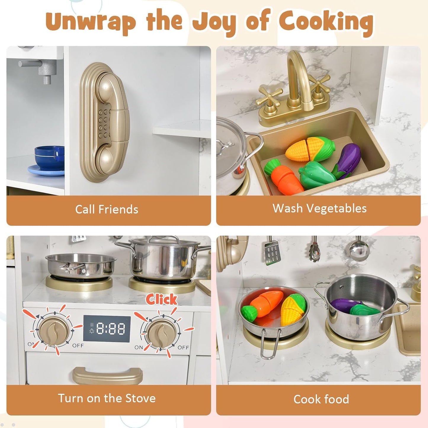 INFANS Kids Kitchen Playset with Lights, Toddler Wooden Pretend Cooking Set with Coffee Maker Ice Maker Stove Sink Microwave 2 Storage Bins, Simulation Play Kitchen Toy for Children Boys Girls