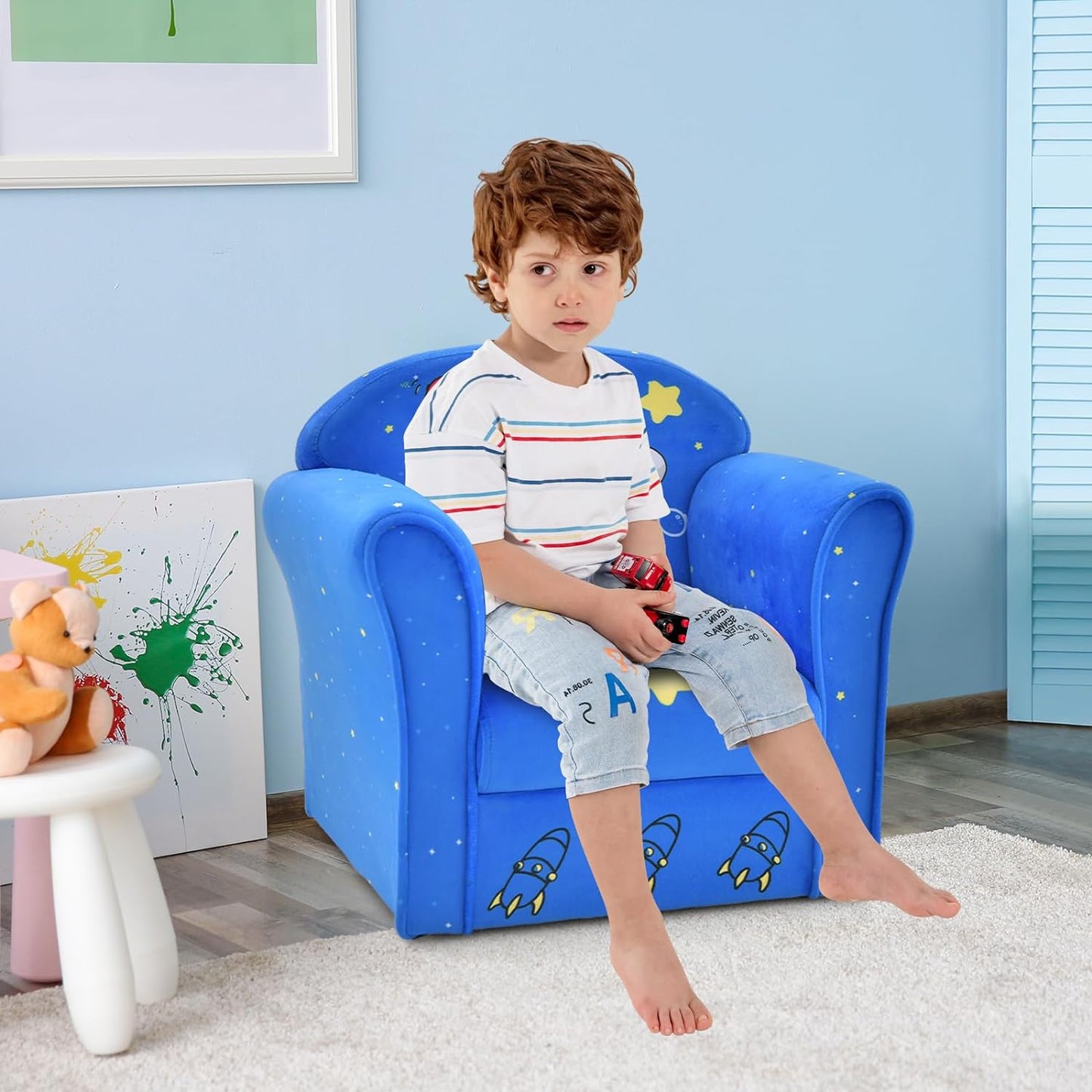 INFANS Kids Sofa, Toddler Armchair Chair with Sturdy Wood Construction Cartoon Pattern, Upholstered Children Armrest Couch for Nursery Kindergarten Playroom Preschool, Gift for Boys Girls