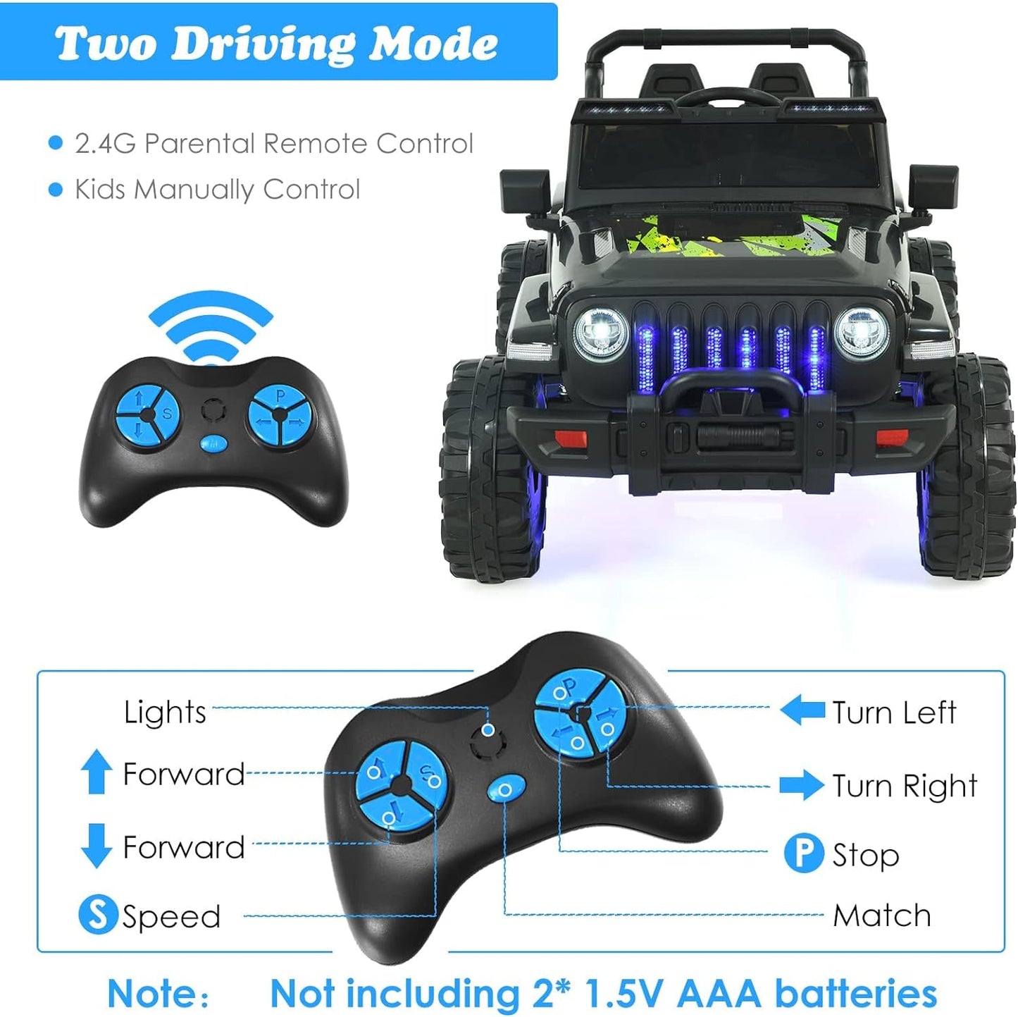 OLAKIDS Kids Ride on Truck, 12V Electric Vehicle with Remote Control, Battery Powered Toddler Car with Music, Horn, 3 Speeds, LED Lights, Bluetooth, USB, Radio