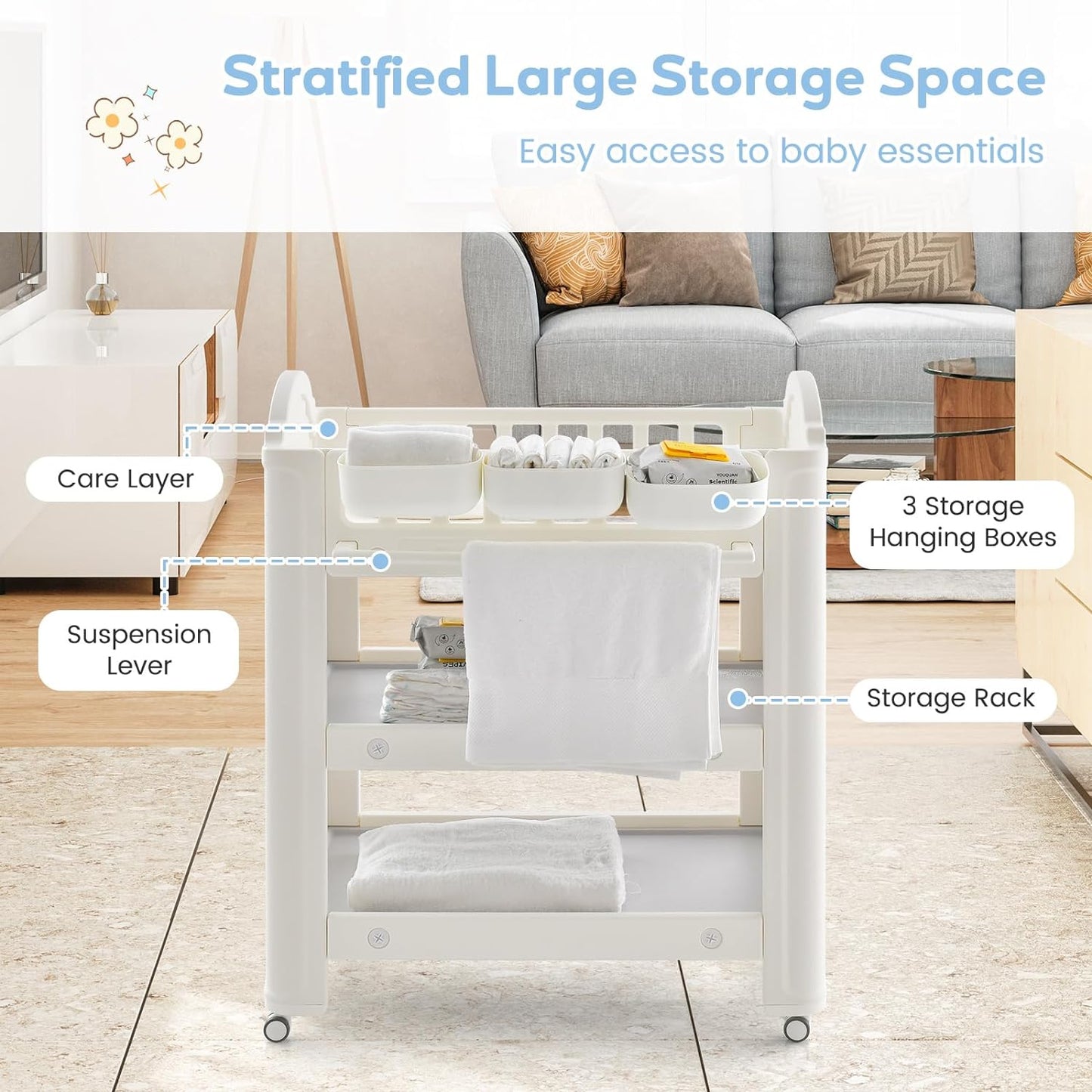 INFANS Baby Changing Table, Diaper Dresser Station with Latex Pad and Pillow, 3 Hanging Boxes, 2 Storage Racks, Lockable Wheels, Mobile Nursery Organizer for Newborn Infant (with Boxes)